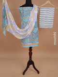 Mul mul cotton dress material teal blue shade and off white with allover kalamkari prints and bottom & chiffon dupatta