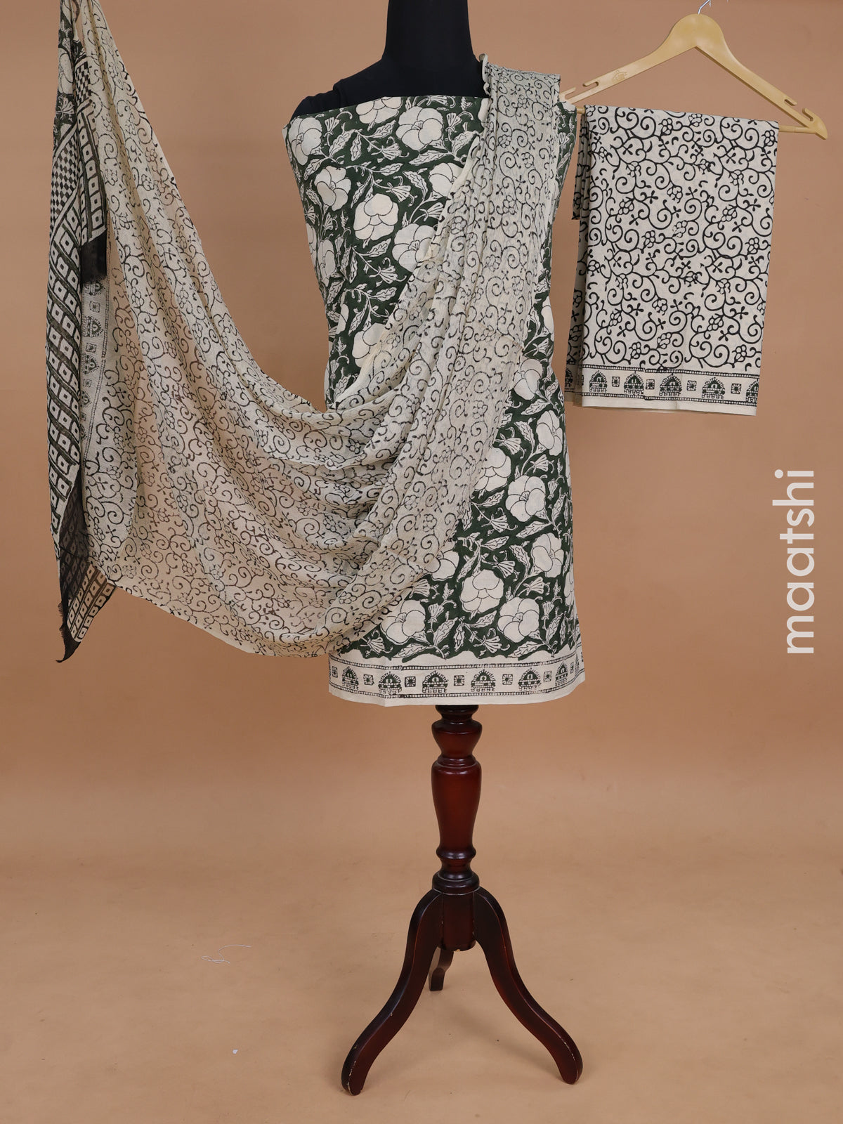 Mul mul cotton dress material dark green and cream with allover floral prints and bottom & chiffon dupatta