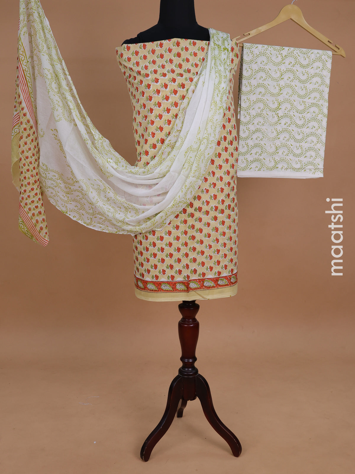 Mul mul cotton dress material sandal and off white with allover butta prints and bottom & chiffon dupatta
