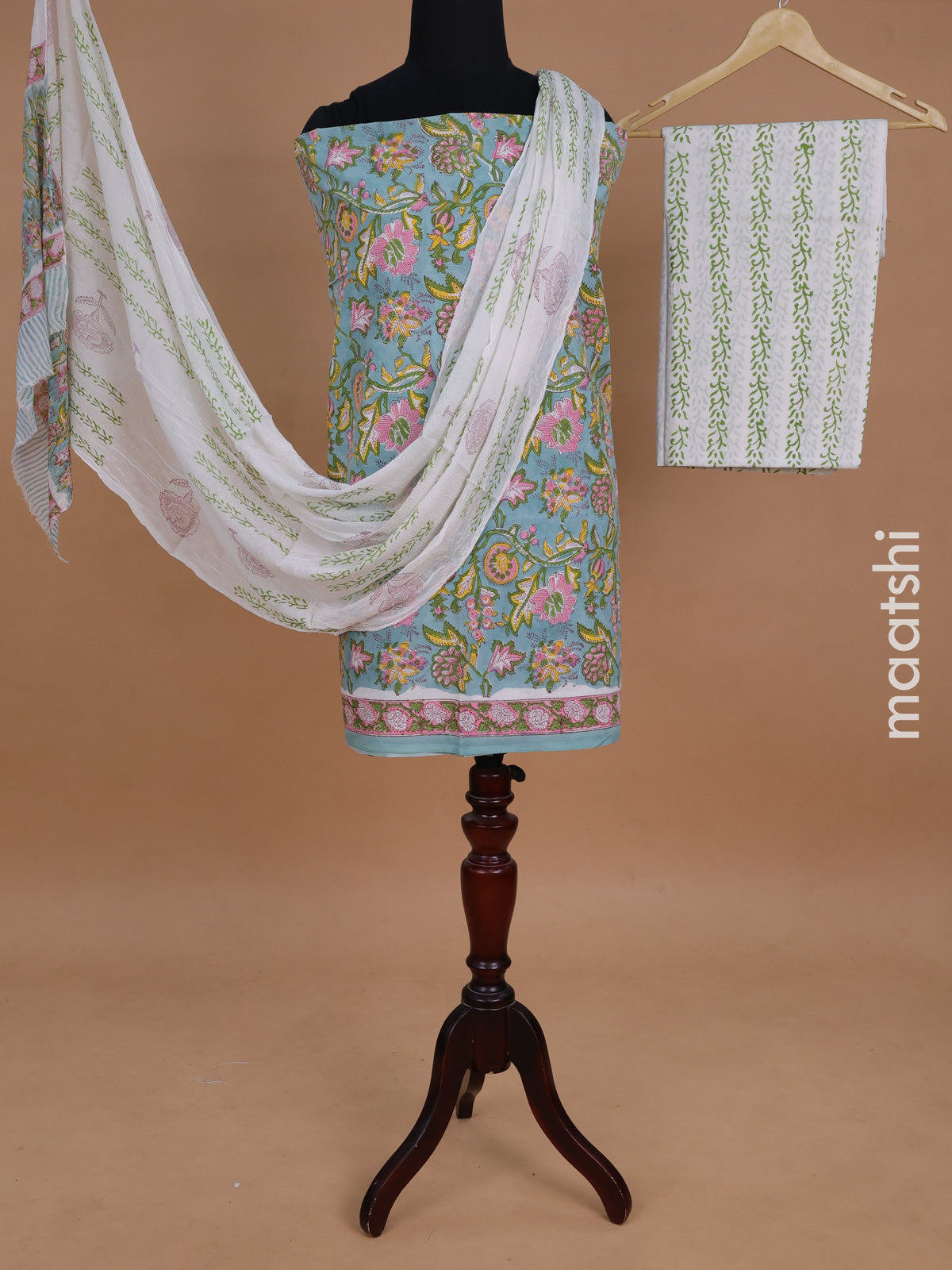 Mul mul cotton dress material pastel blue and off white with allover kalamkari prints and bottom & chiffon dupatta