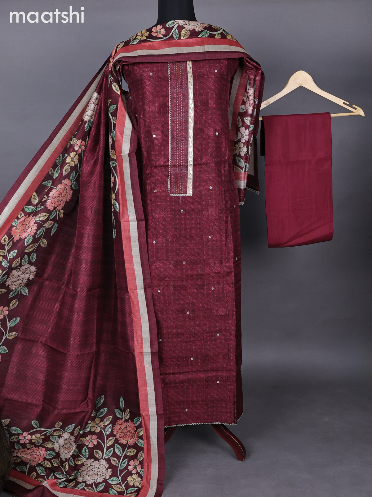 Semi tussar dress material dark maroon with allover prints & patch work neck pattern and bottom & kalamkari prints dupatta