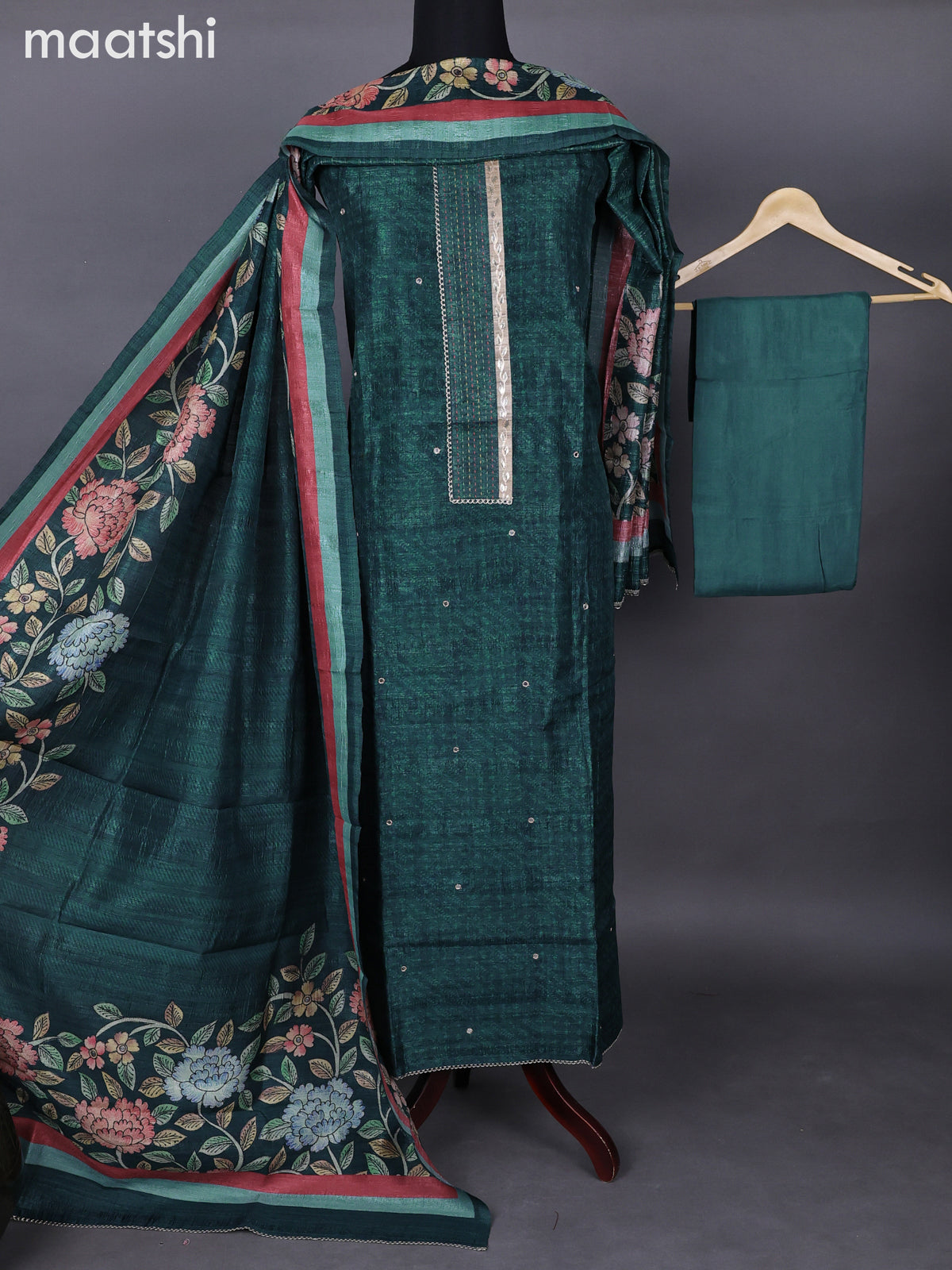 Semi tussar dress material peacock green with allover prints & patch work neck pattern and bottom & kalamkari prints dupatta
