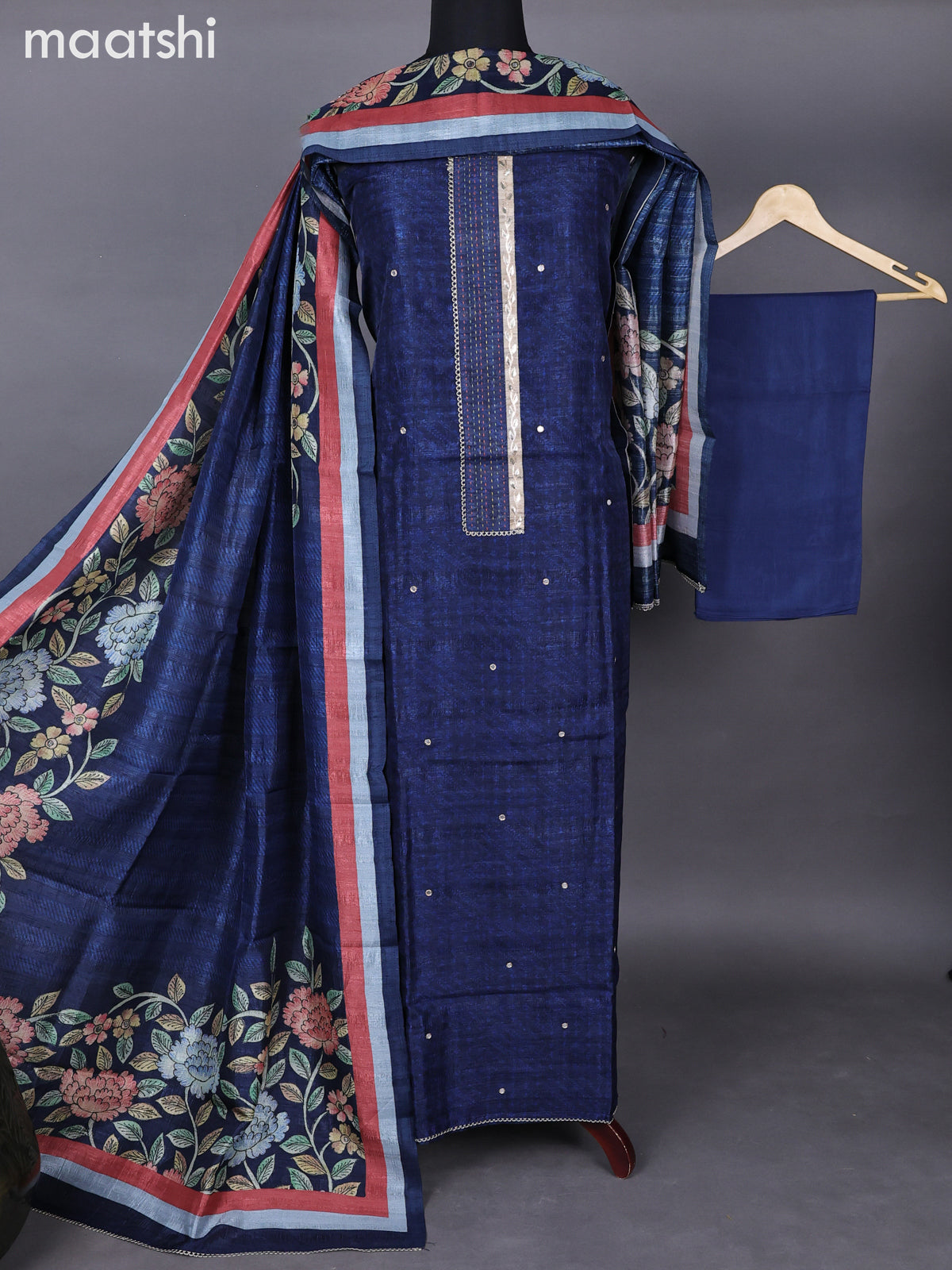 Semi tussar dress material navy blue with allover prints & patch work neck pattern and bottom & kalamkari prints dupatta