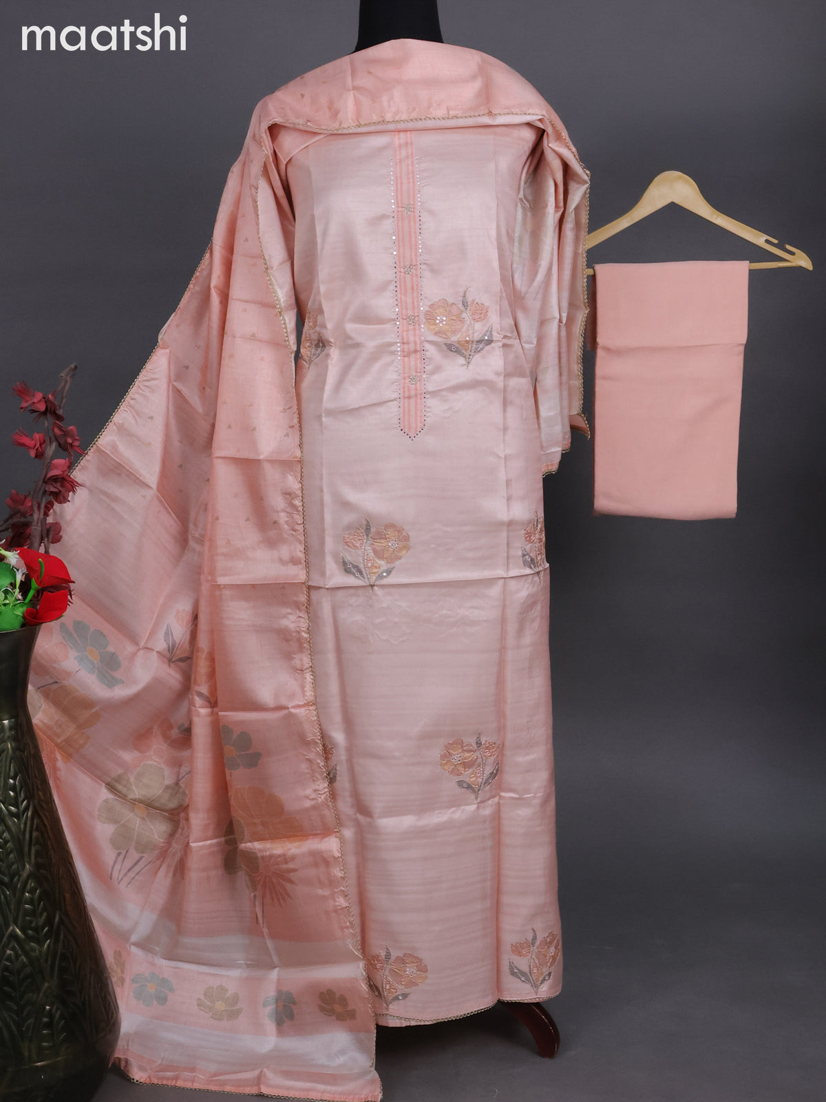 Semi tussar dress material peach shade with allover floral prints & simple neck pattern and bottom & printed dupatta