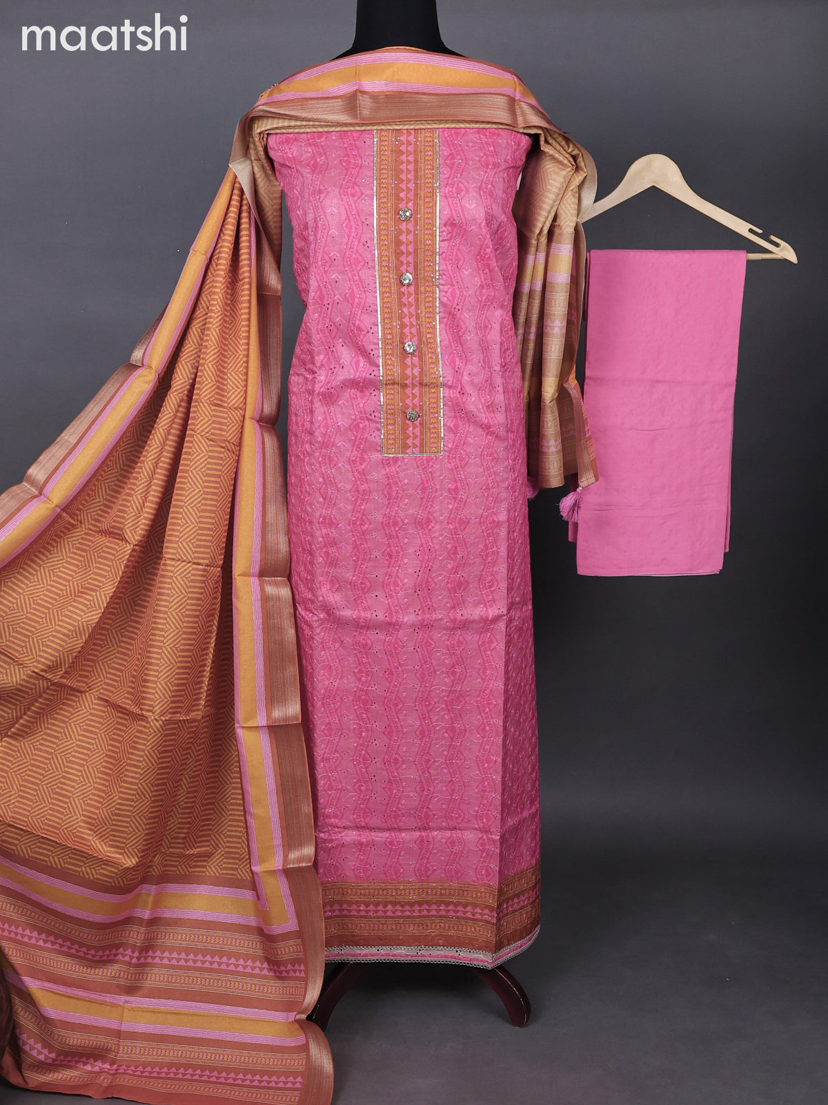 Semi tussar dress material pink and mustard yellow with allover hakoba & patch work neck pattern and bottom & printed dupatta