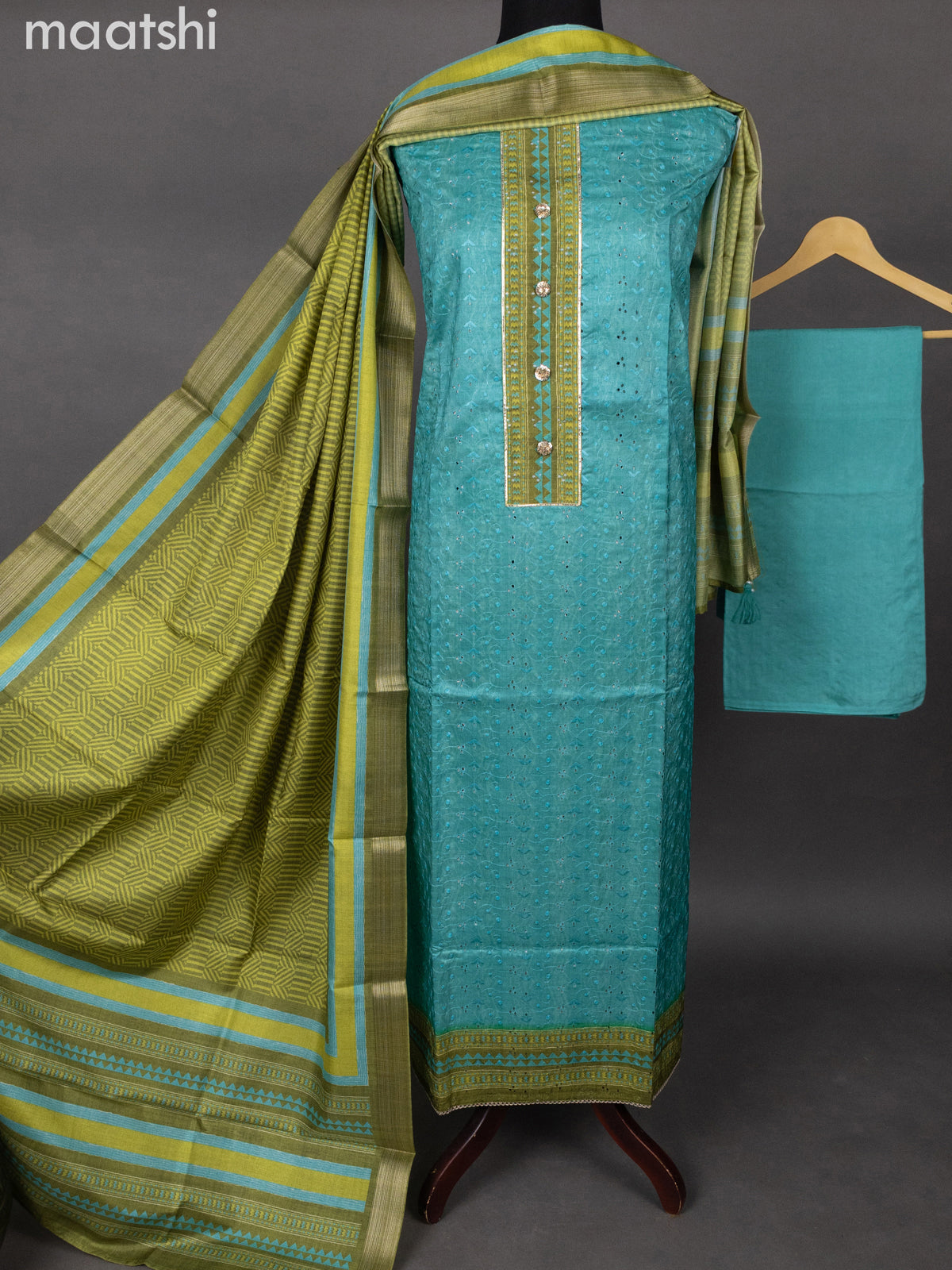 Semi tussar dress material teal blue and green with allover hakoba & patch work neck pattern and bottom & printed dupatta