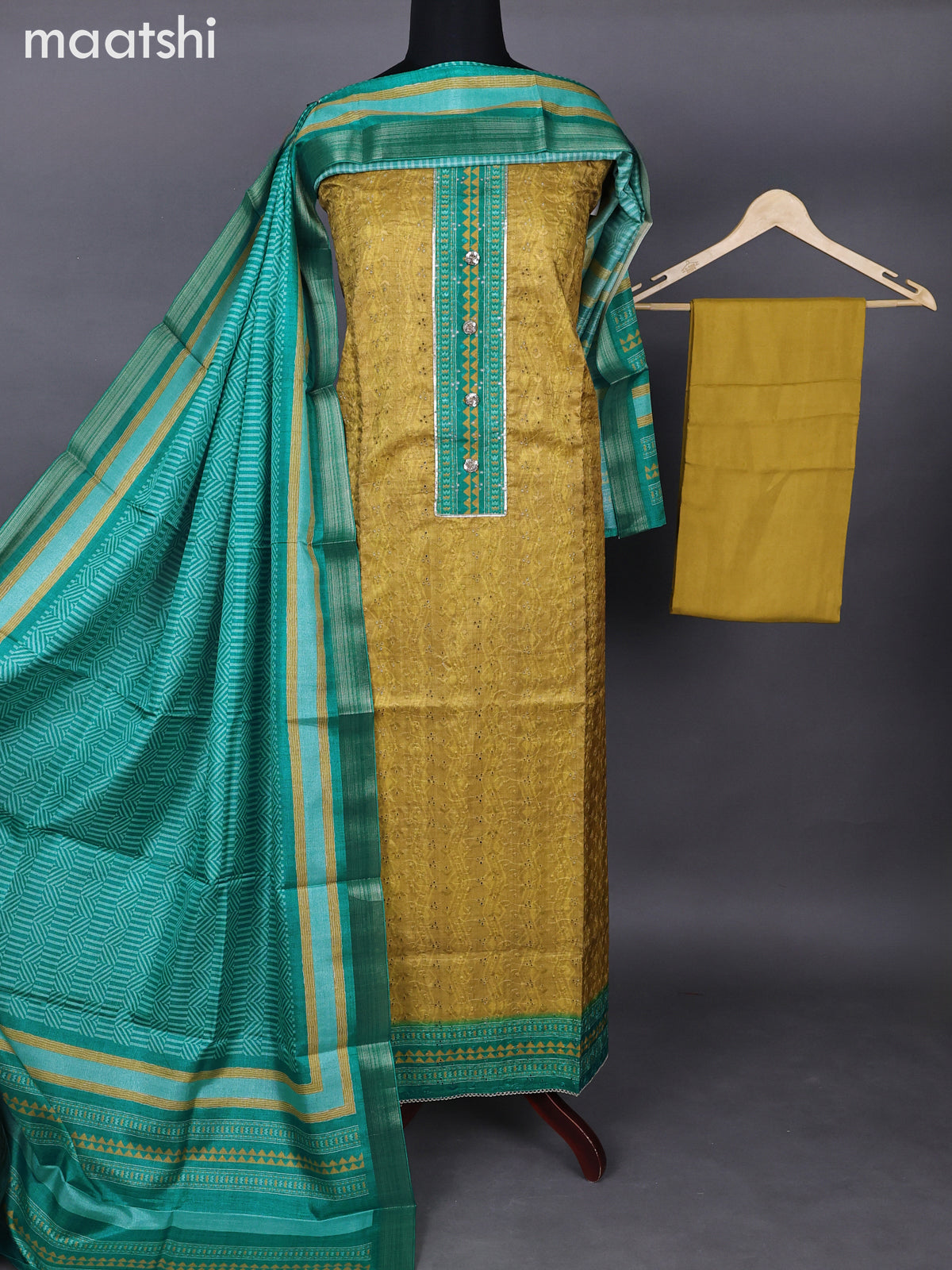 Semi tussar dress material mustard yellow and teal green with allover hakoba & patch work neck pattern and bottom & printed dupatta