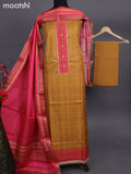 Semi tussar dress material dark mustard and pink with allover hakoba & patch work neck pattern and bottom & printed dupatta
