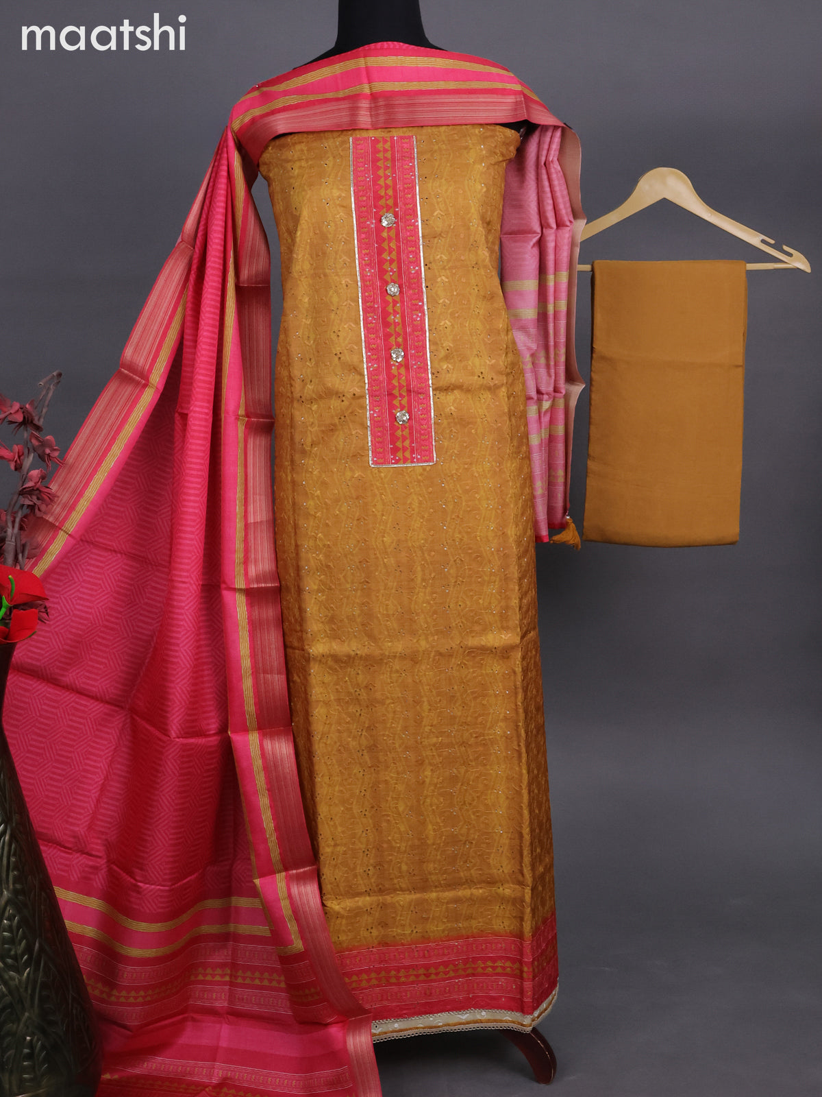 Semi tussar dress material dark mustard and pink with allover hakoba & patch work neck pattern and bottom & printed dupatta