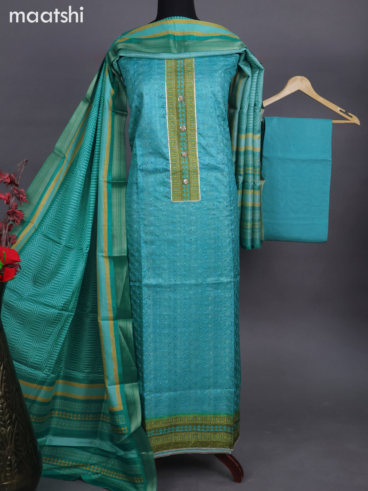 Semi tussar dress material teal blue with allover hakoba & patch work neck pattern and bottom & printed dupatta