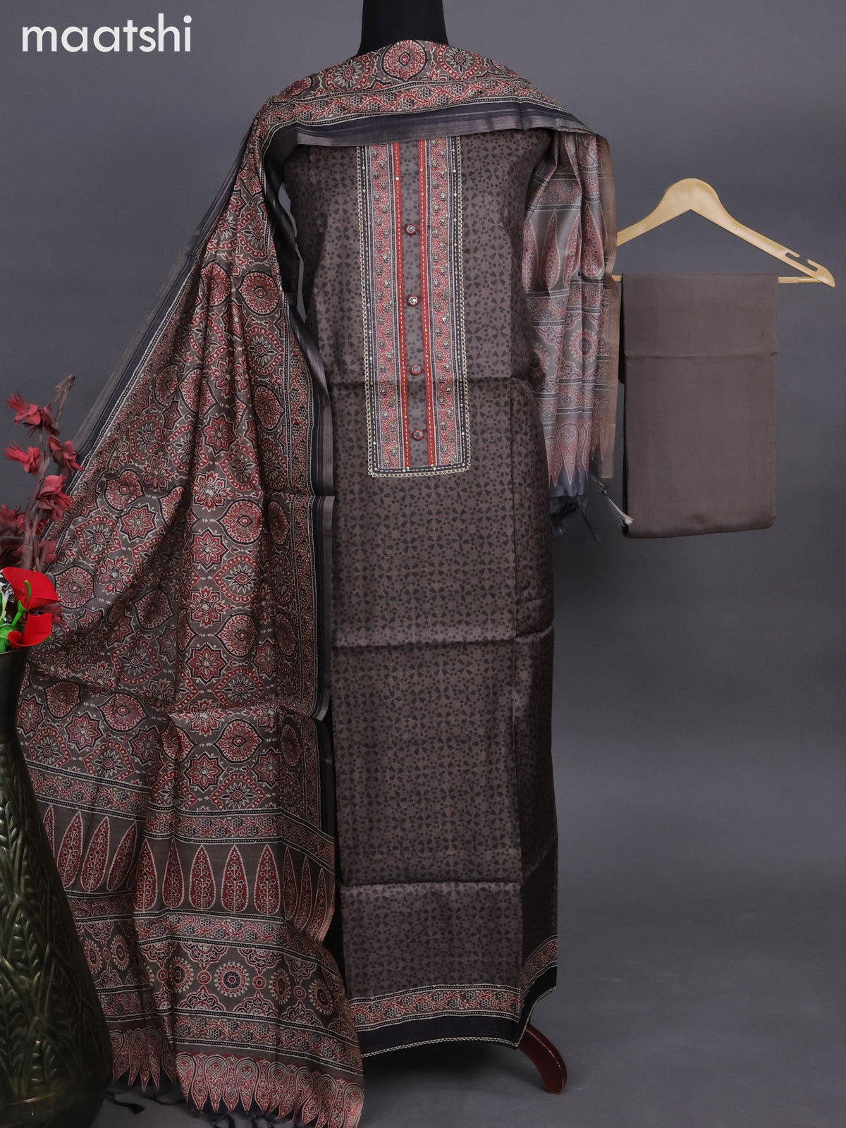 Semi tussar dress material dark brown with allover prints & lace patch work neck pattern and bottom & ajrakh printed dupatta