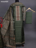 Semi tussar dress material sap green with allover prints & lace patch work neck pattern and bottom & ajrakh printed dupatta