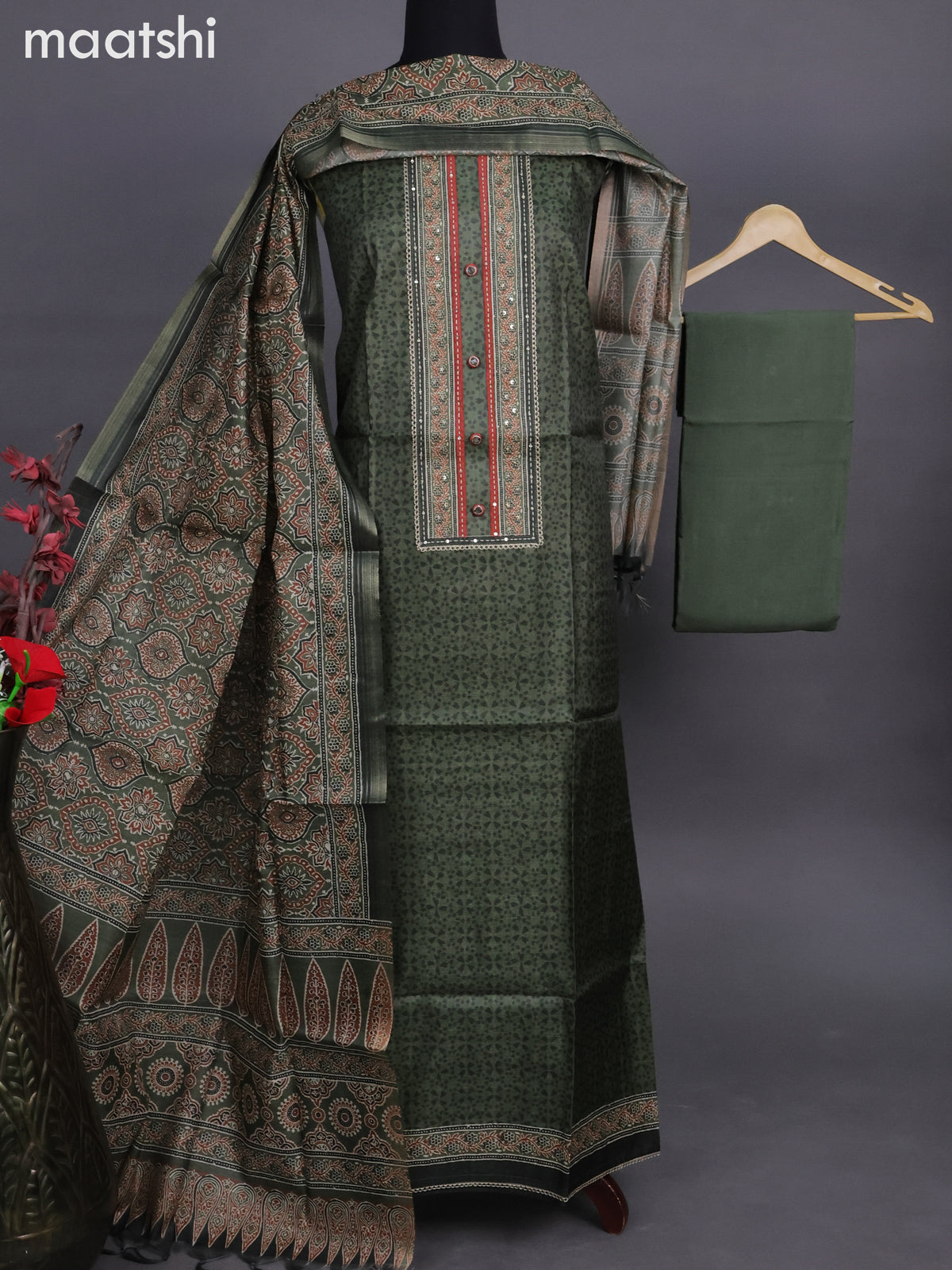 Semi tussar dress material sap green with allover prints & lace patch work neck pattern and bottom & ajrakh printed dupatta