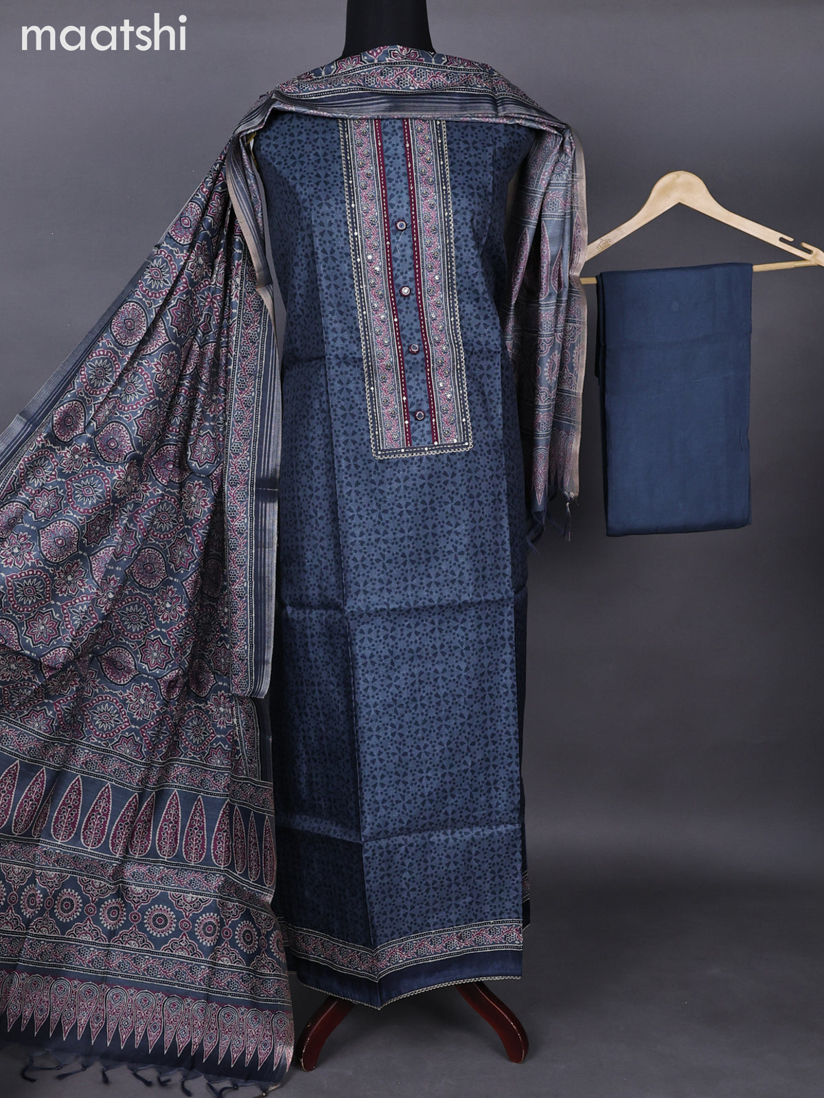 Semi tussar dress material bluish grey with allover prints & lace patch work neck pattern and bottom & ajrakh printed dupatta