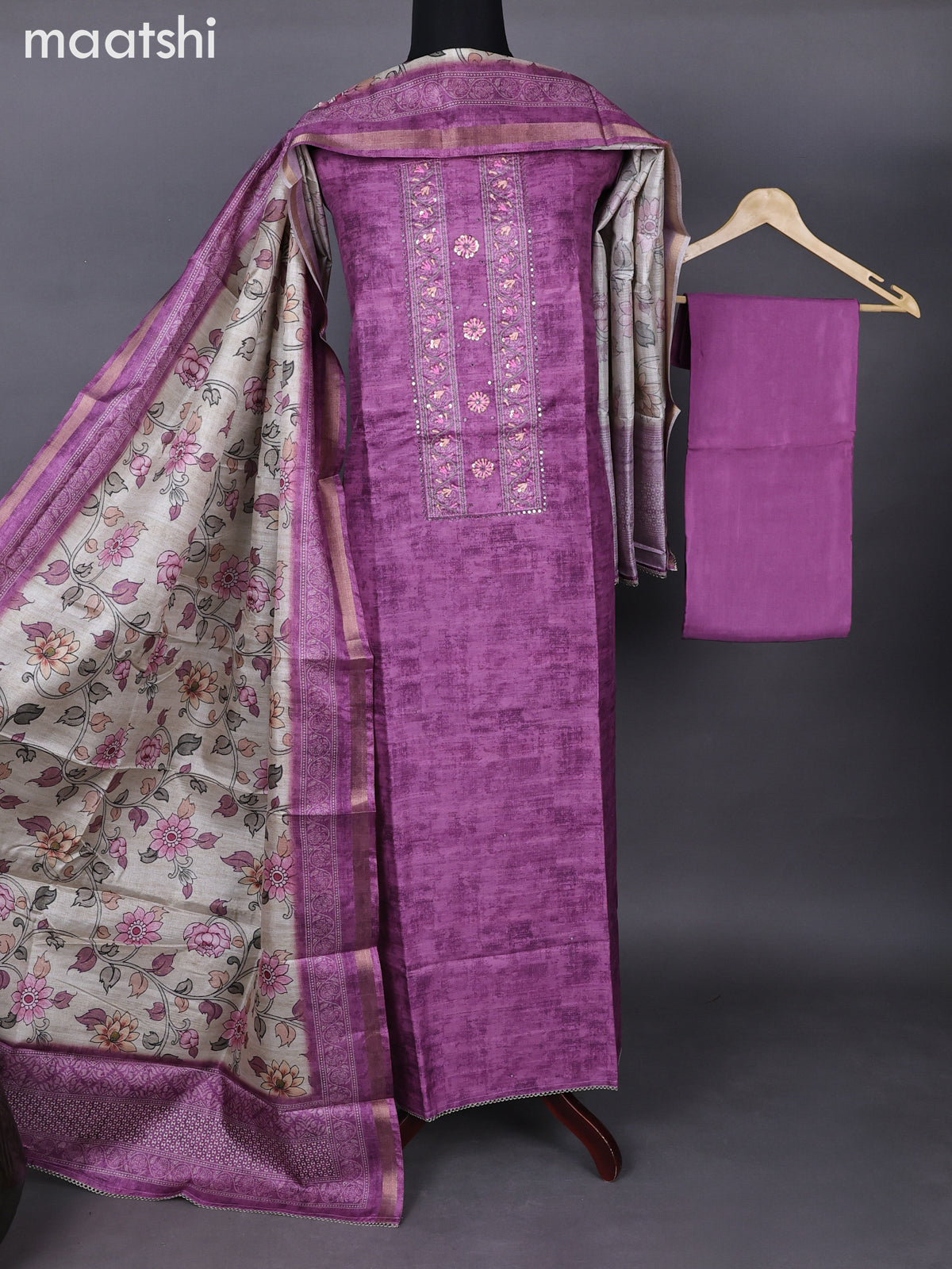 Semi tussar dress material mauve pink with allover prints & sequin embroidery work neck pattern and bottom & kalamkari prints dupatta