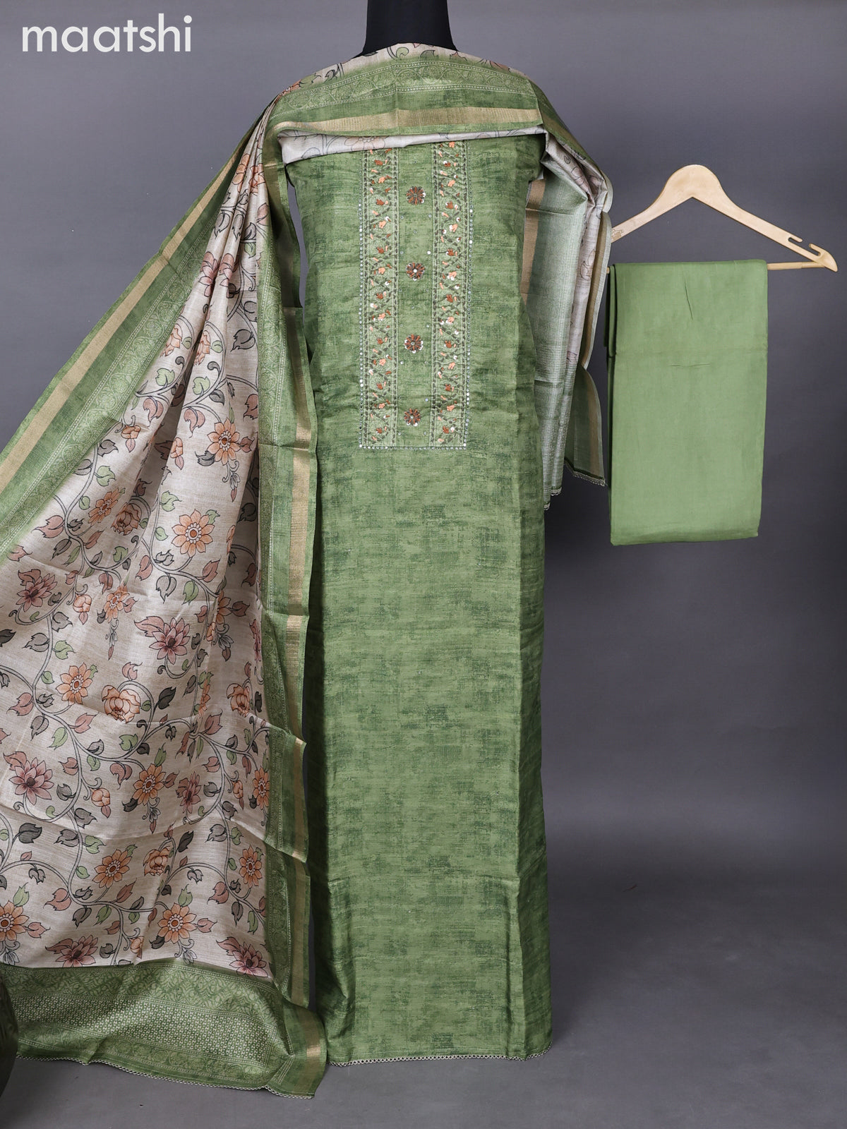 Semi tussar dress material green with allover prints & sequin embroidery work neck pattern and bottom & kalamkari prints dupatta