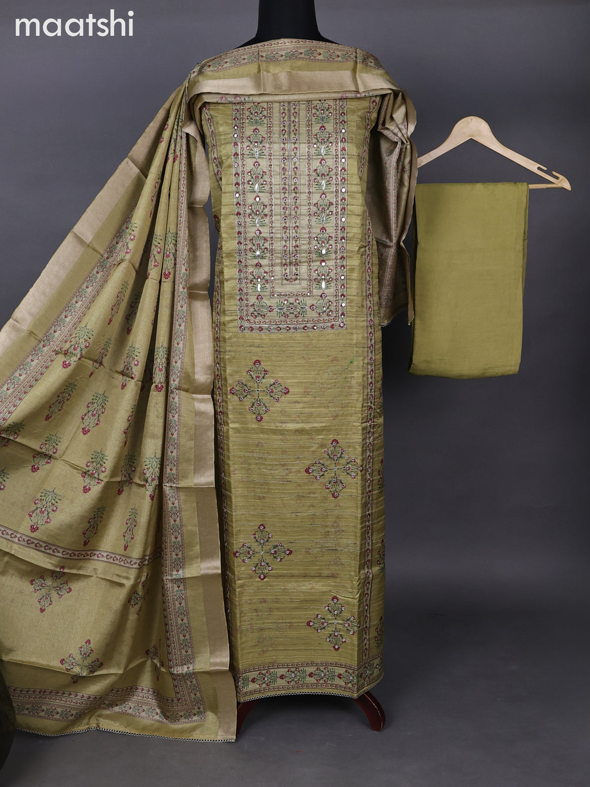Semi tussar dress material pista green with floral butta prints & jute finish and bottom & printed dupatta