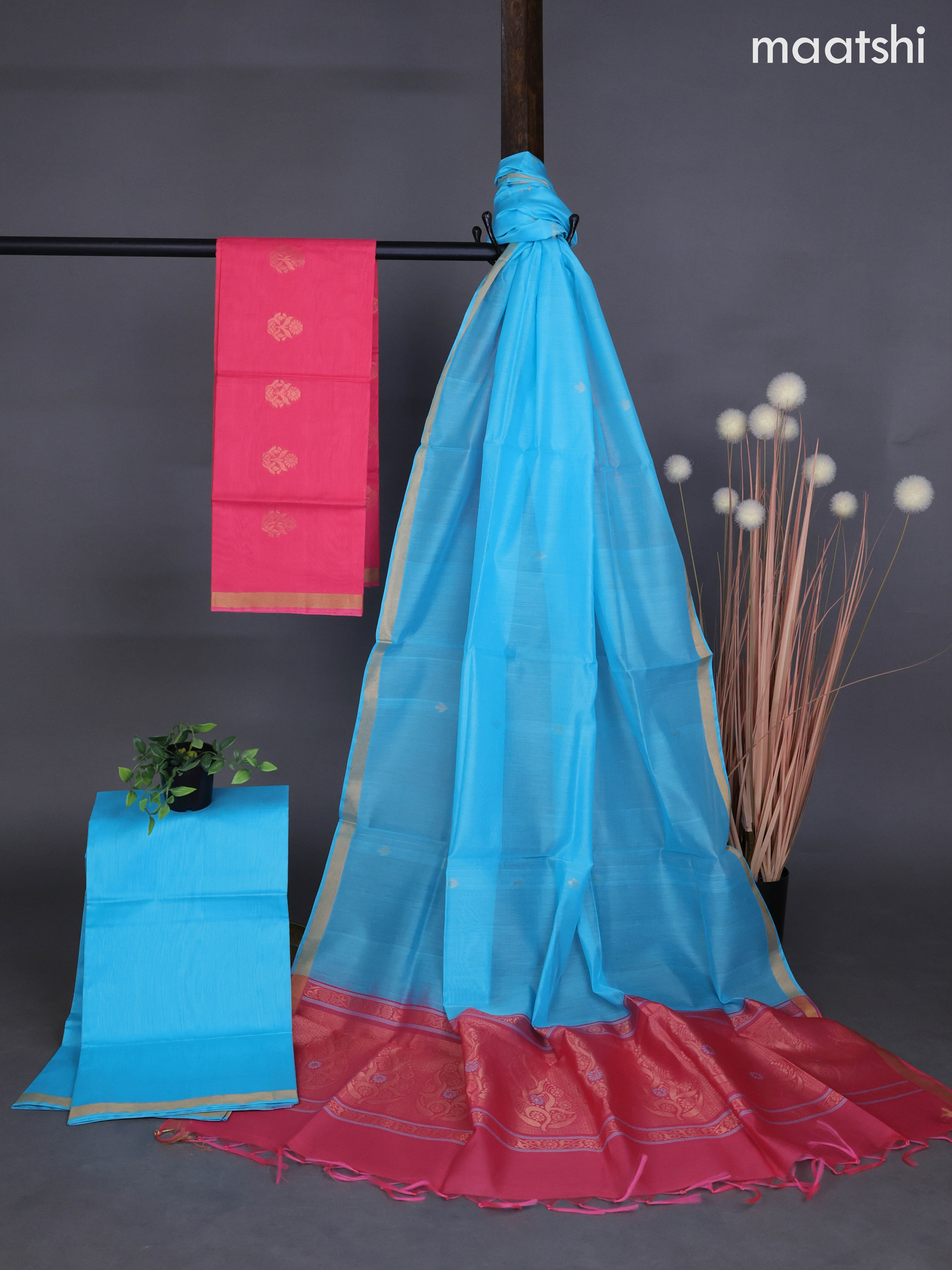 Silk cotton dress material peach pink and light blue with zari woven floral buttas and bottom & zari dupatta
