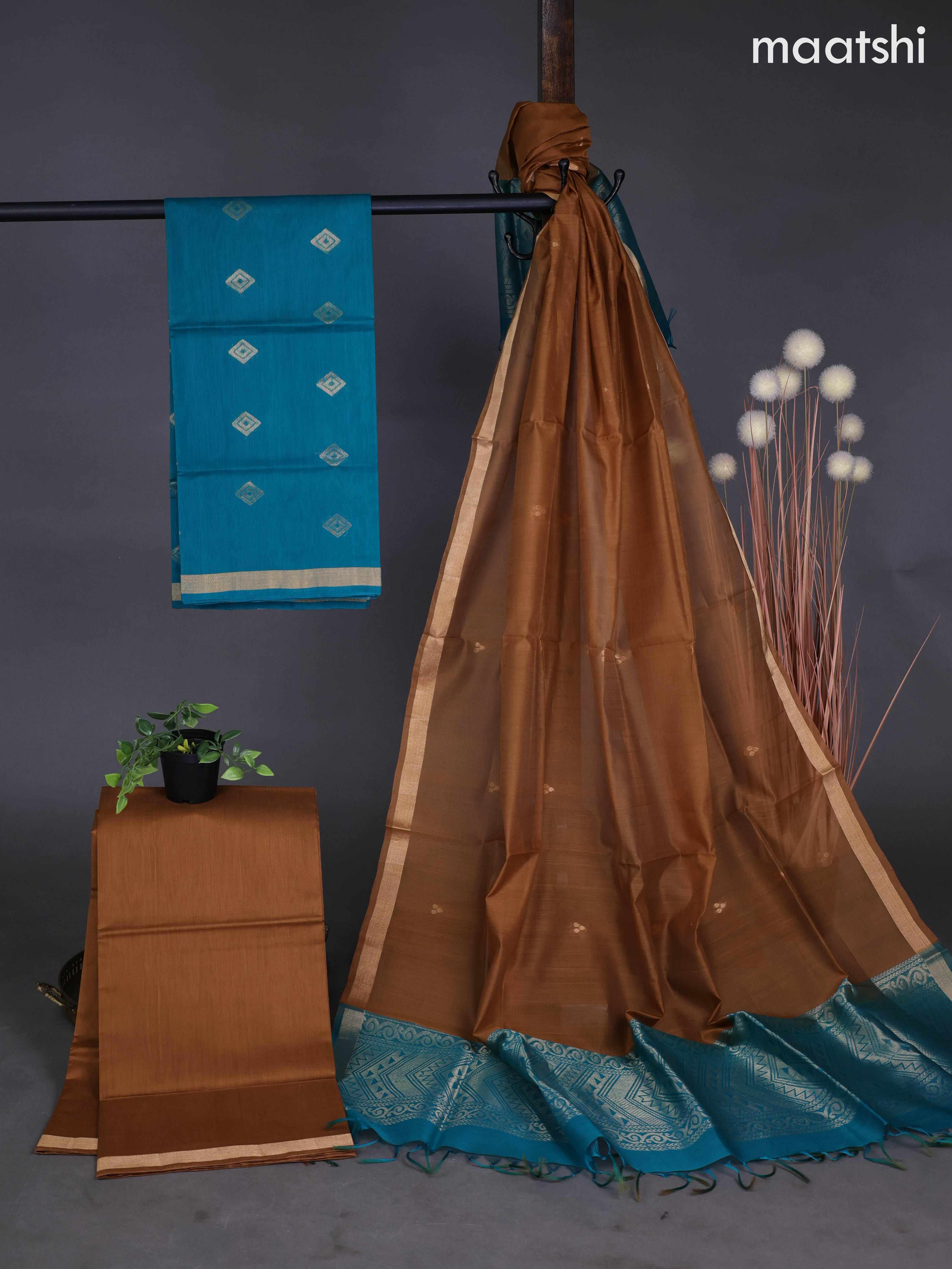 Silk cotton dress material peacock green and dark sandal with zari woven buttas and bottom & zari dupatta