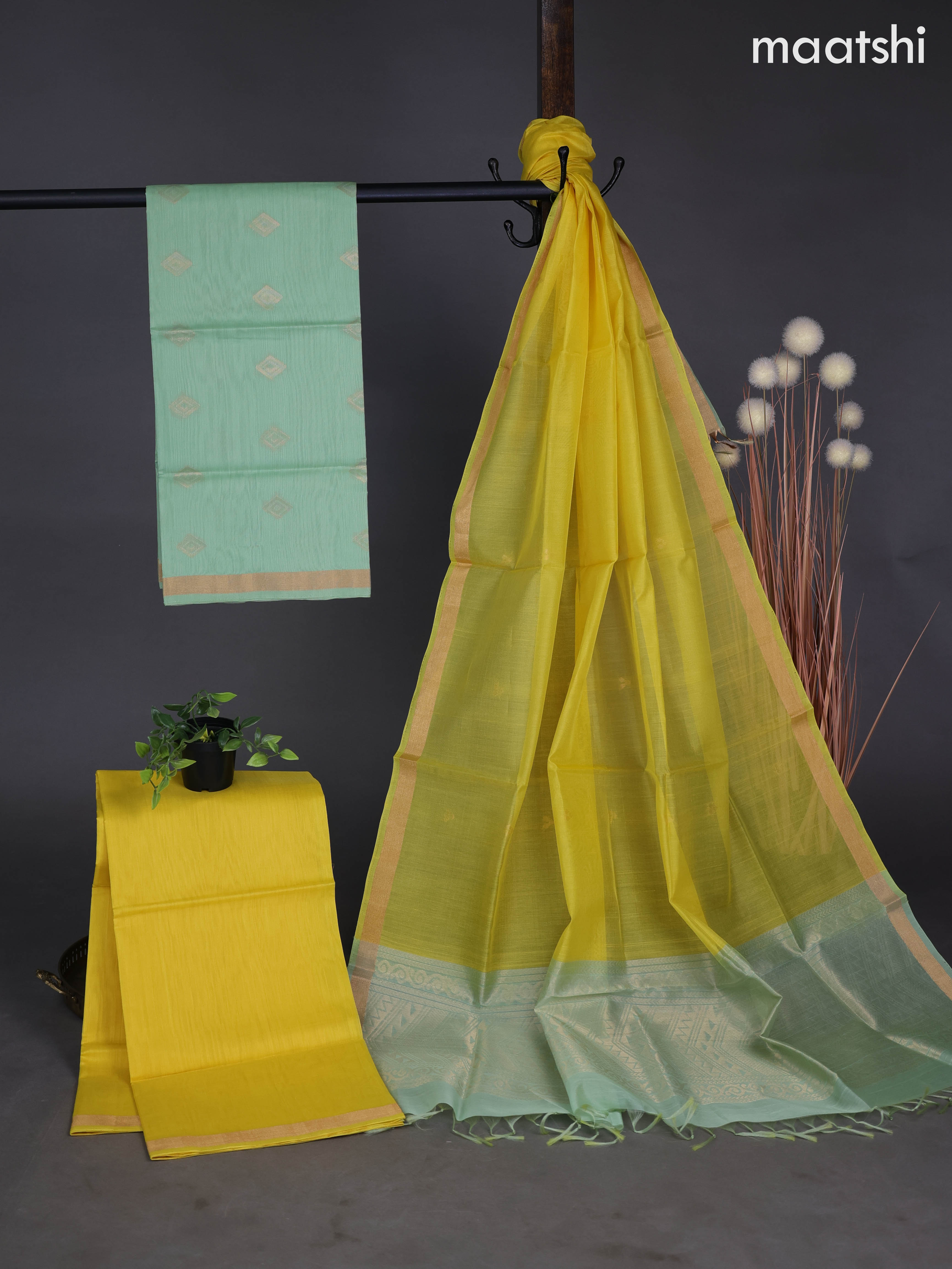 Silk cotton dress material pastel green and yellow with zari woven buttas and bottom & zari dupatta