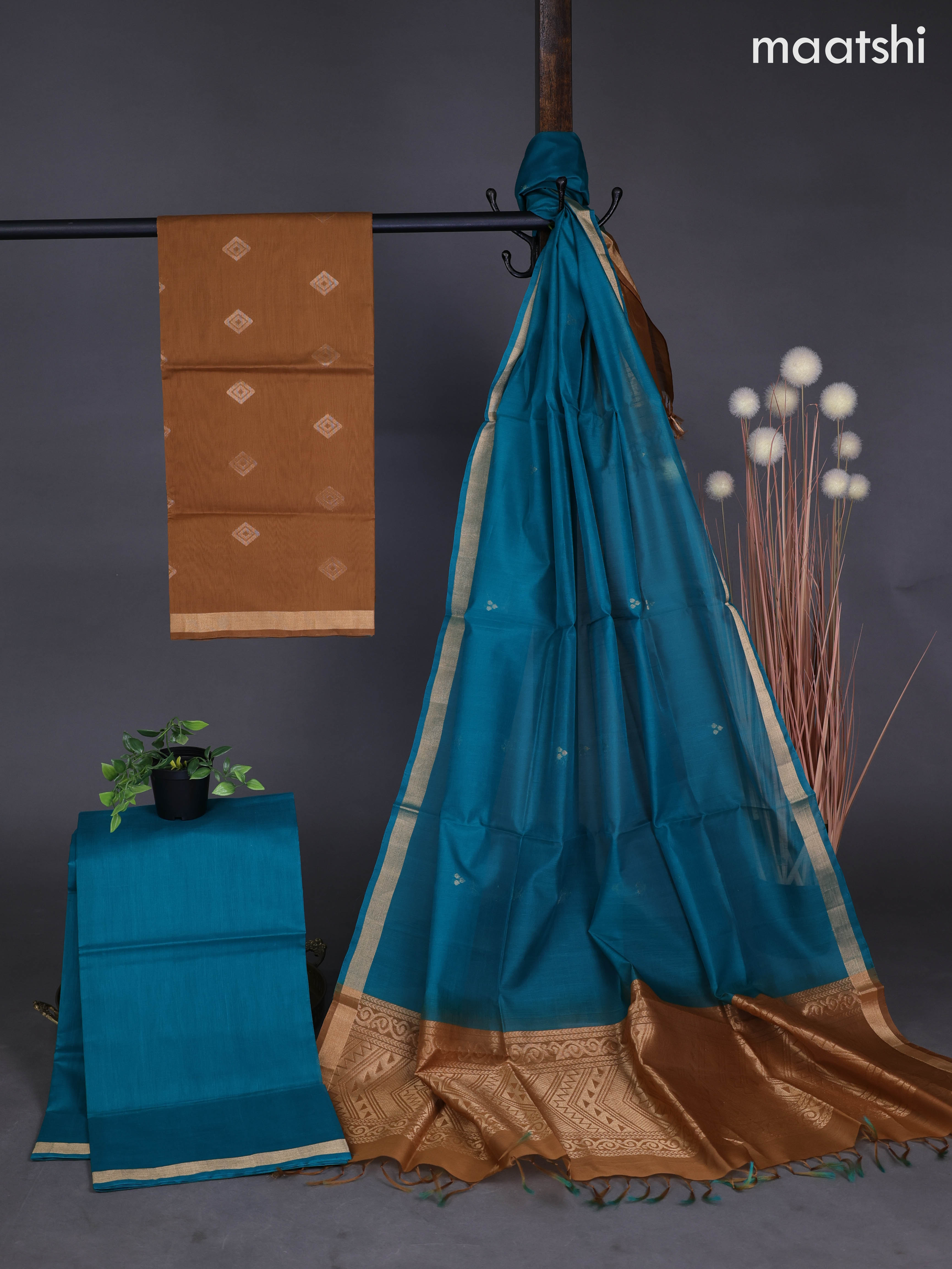 Silk cotton dress material dark sandal and peacock green with zari woven buttas and bottom & zari dupatta