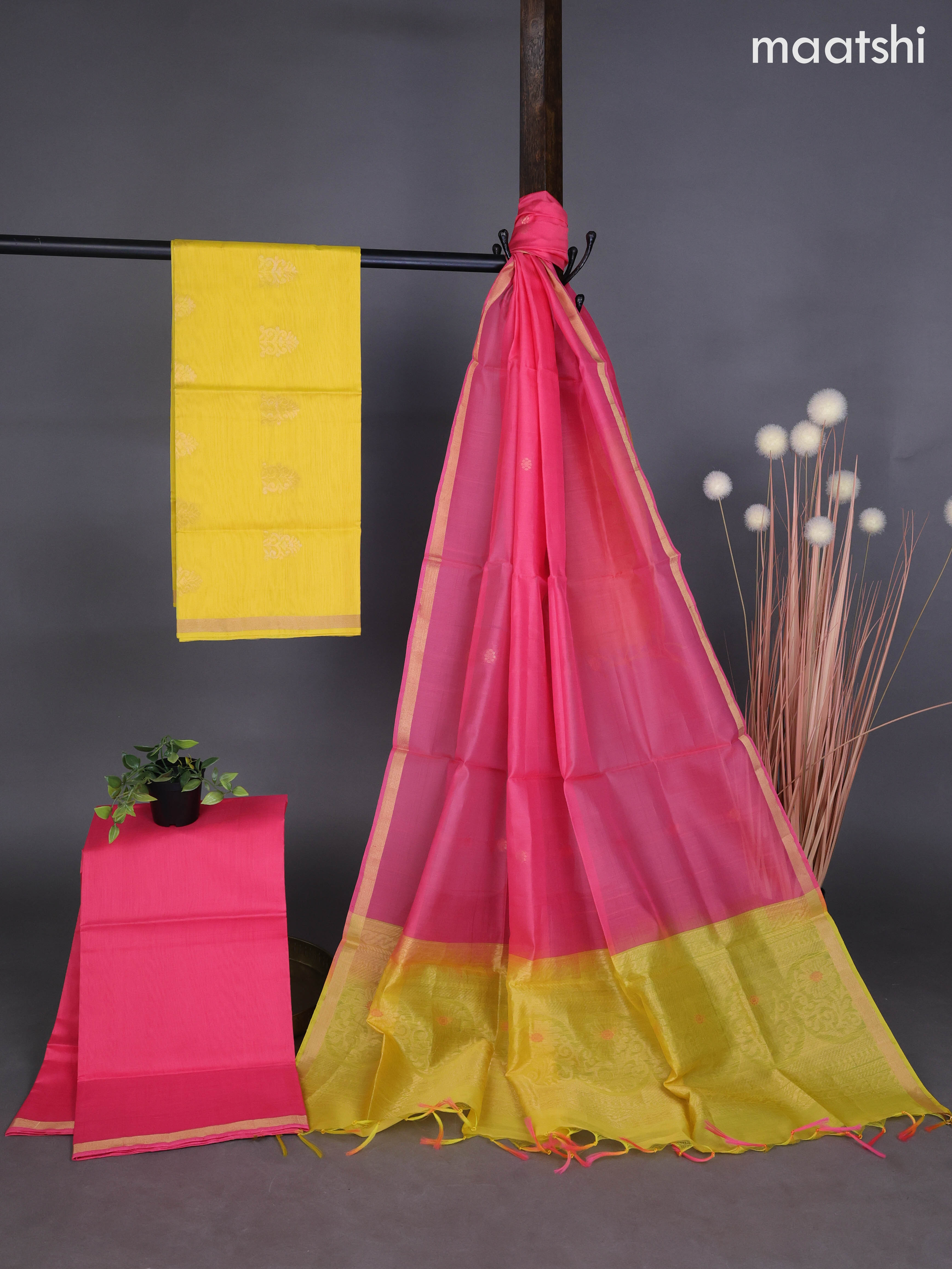 Silk cotton dress material yellow and peach pink with zari woven buttas and bottom & zari dupatta