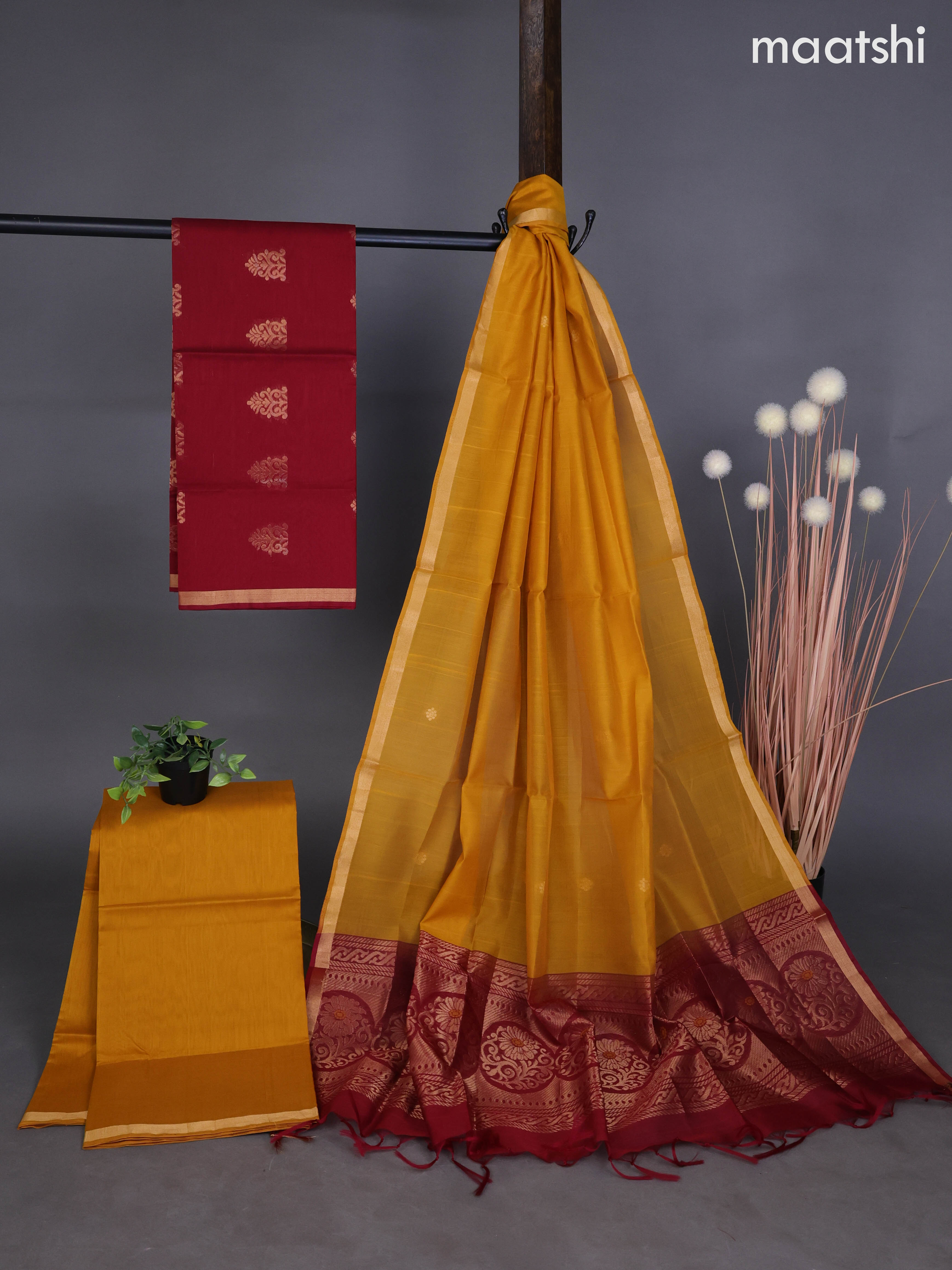 Silk cotton dress material maroon and mustard yellow with zari woven buttas and bottom & zari dupatta