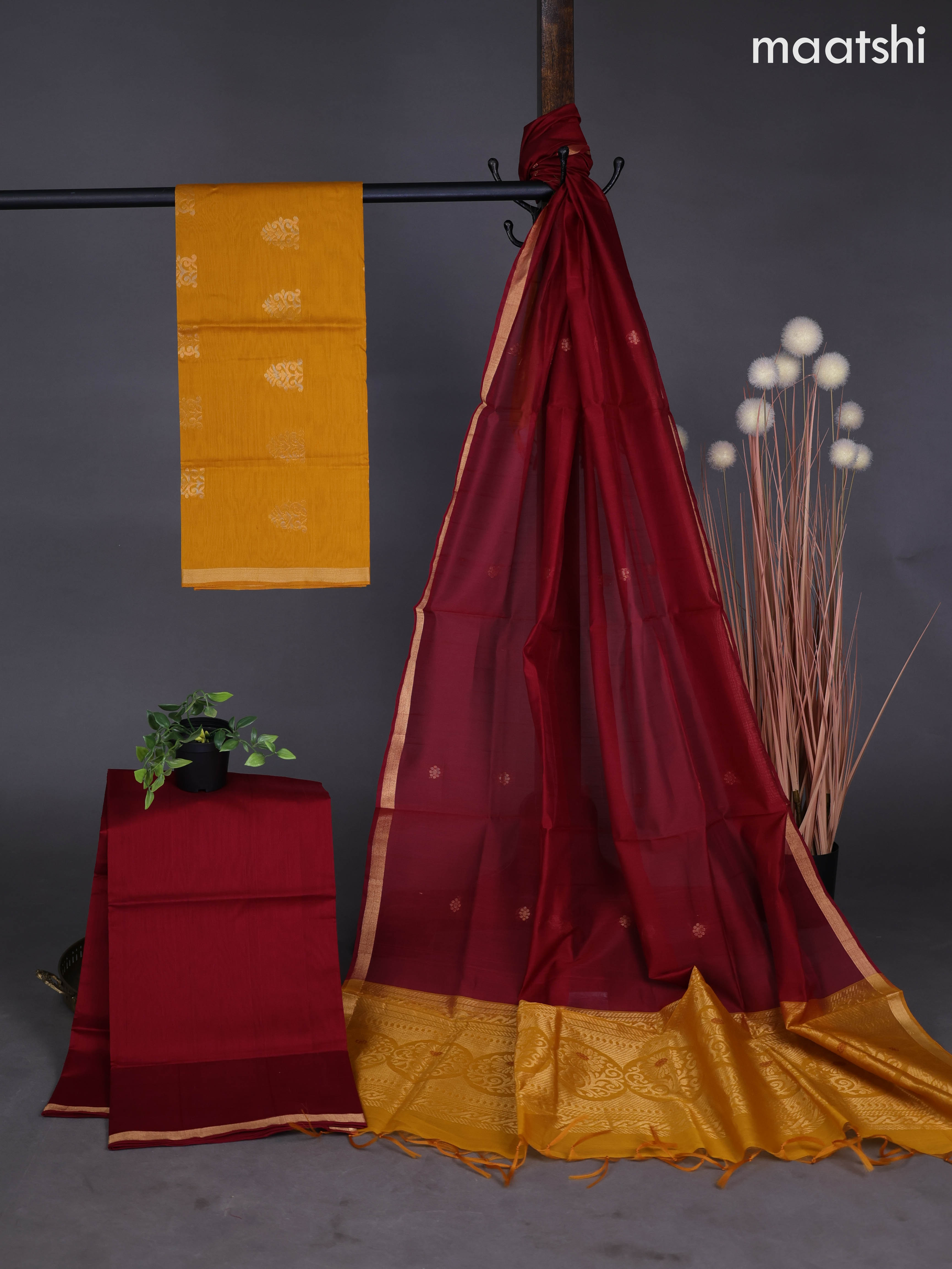 Silk cotton dress material mustard yellow and maroon with zari woven buttas and bottom & zari dupatta