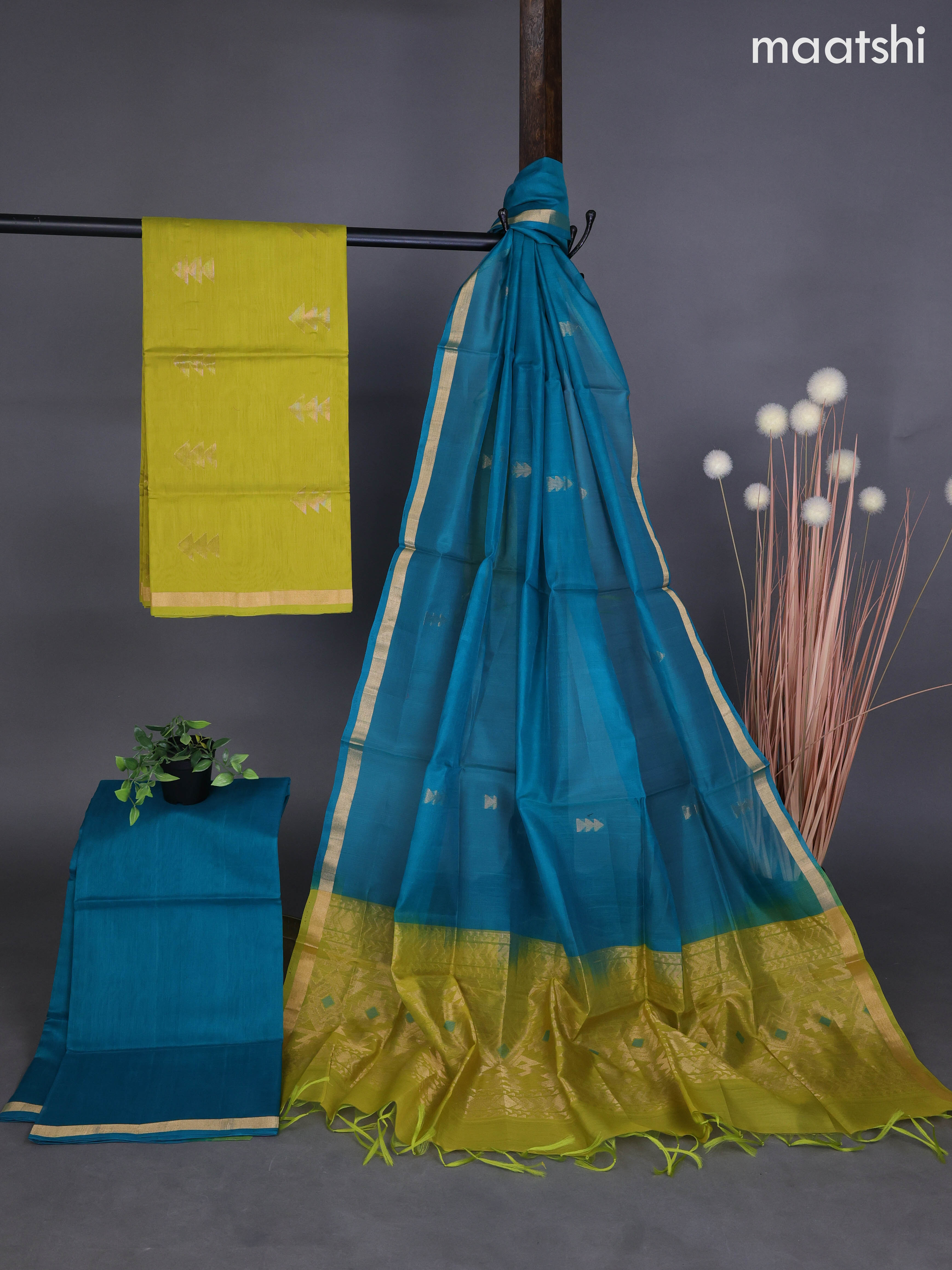 Silk cotton dress material lime green and peacock green with zari woven buttas and bottom & zari dupatta