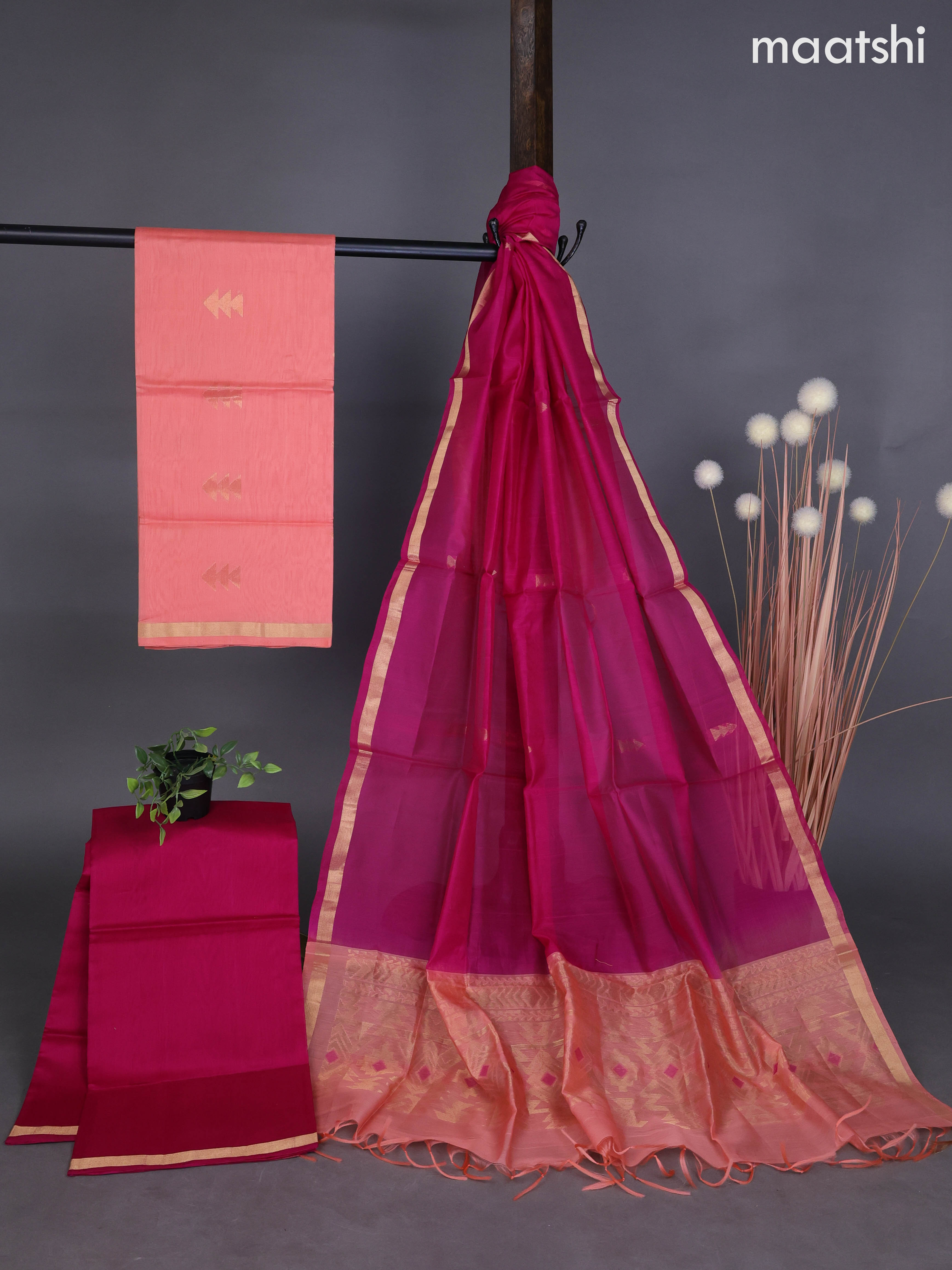 Silk cotton dress material peach shade and pink with zari woven buttas and bottom & zari dupatta