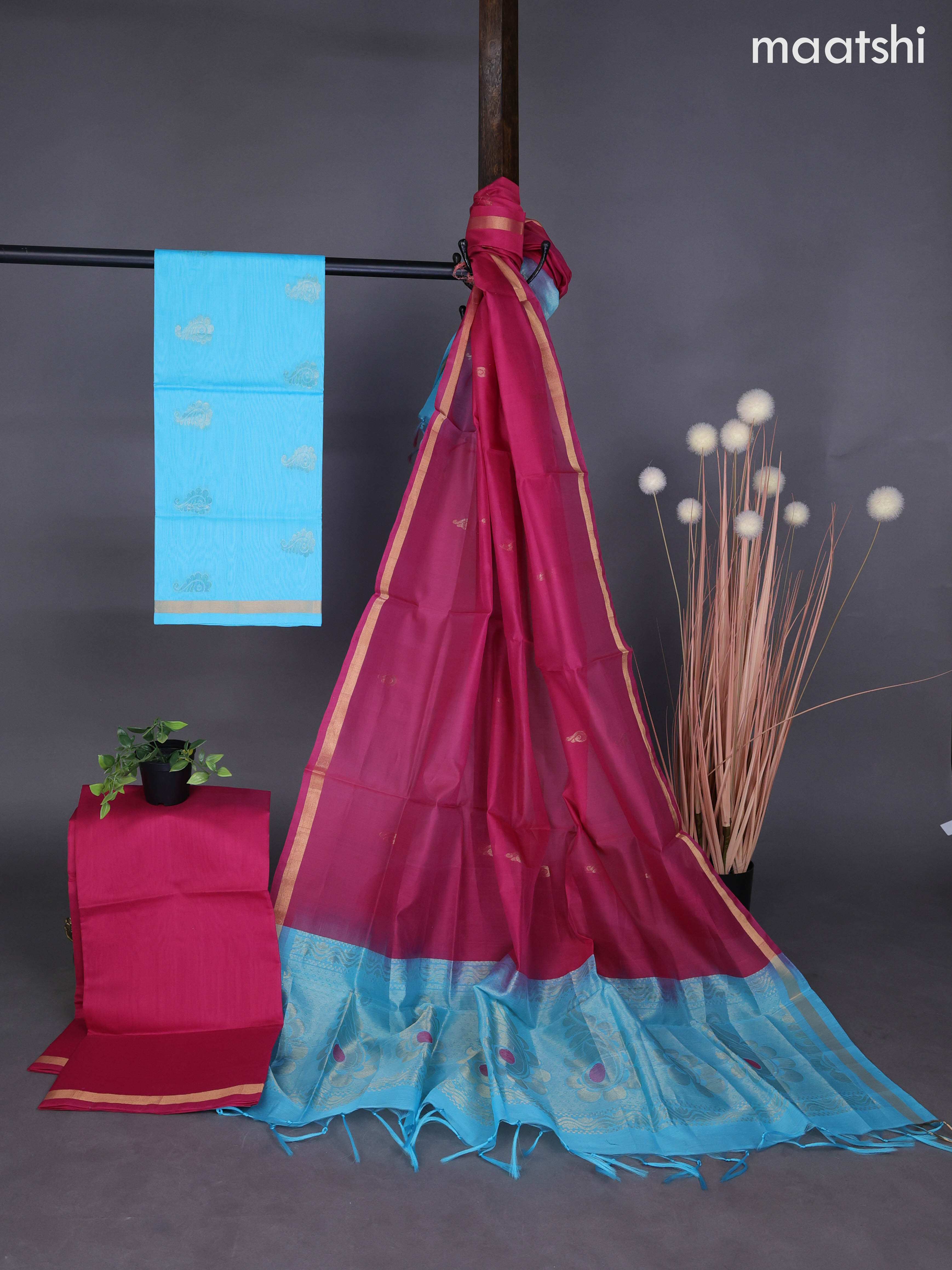 Silk cotton dress material light blue and pink with zari woven buttas and bottom & zari dupatta