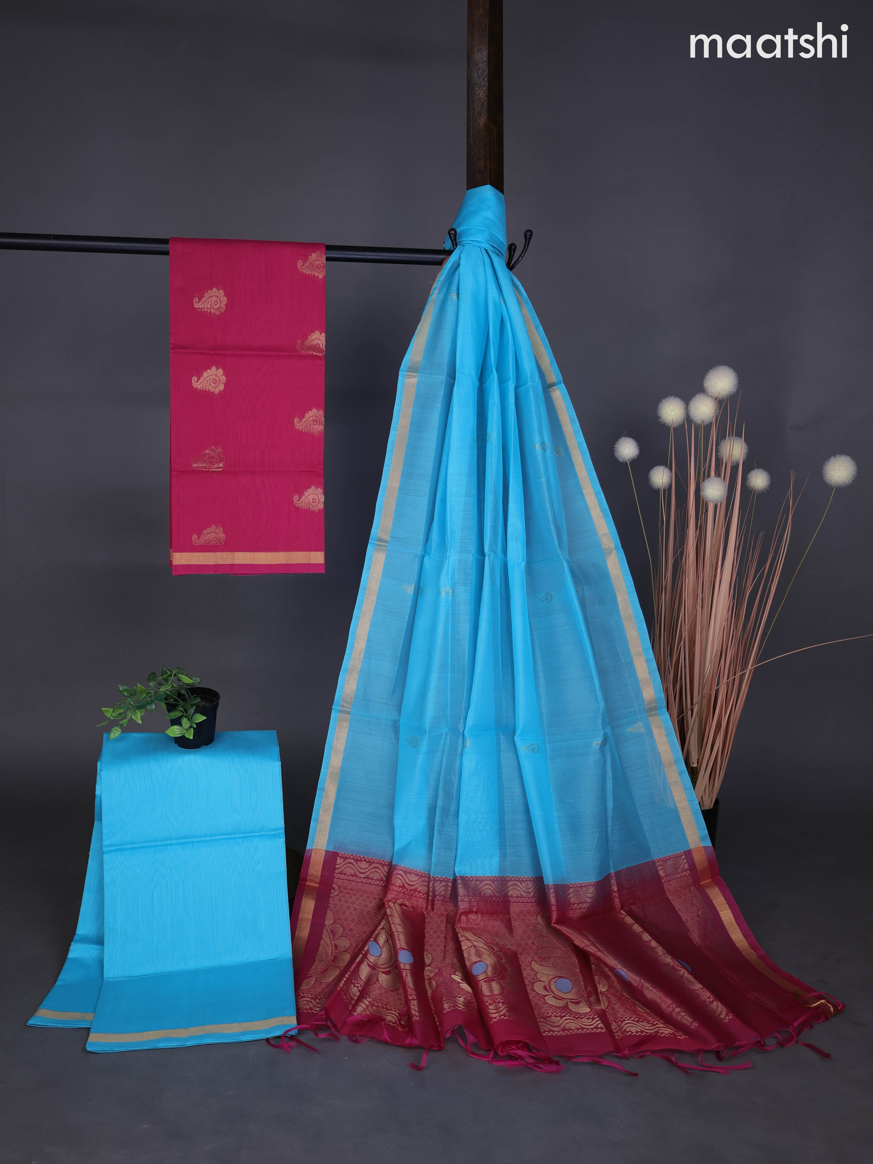 Silk cotton dress material pink and light blue with zari woven buttas and bottom & zari dupatta