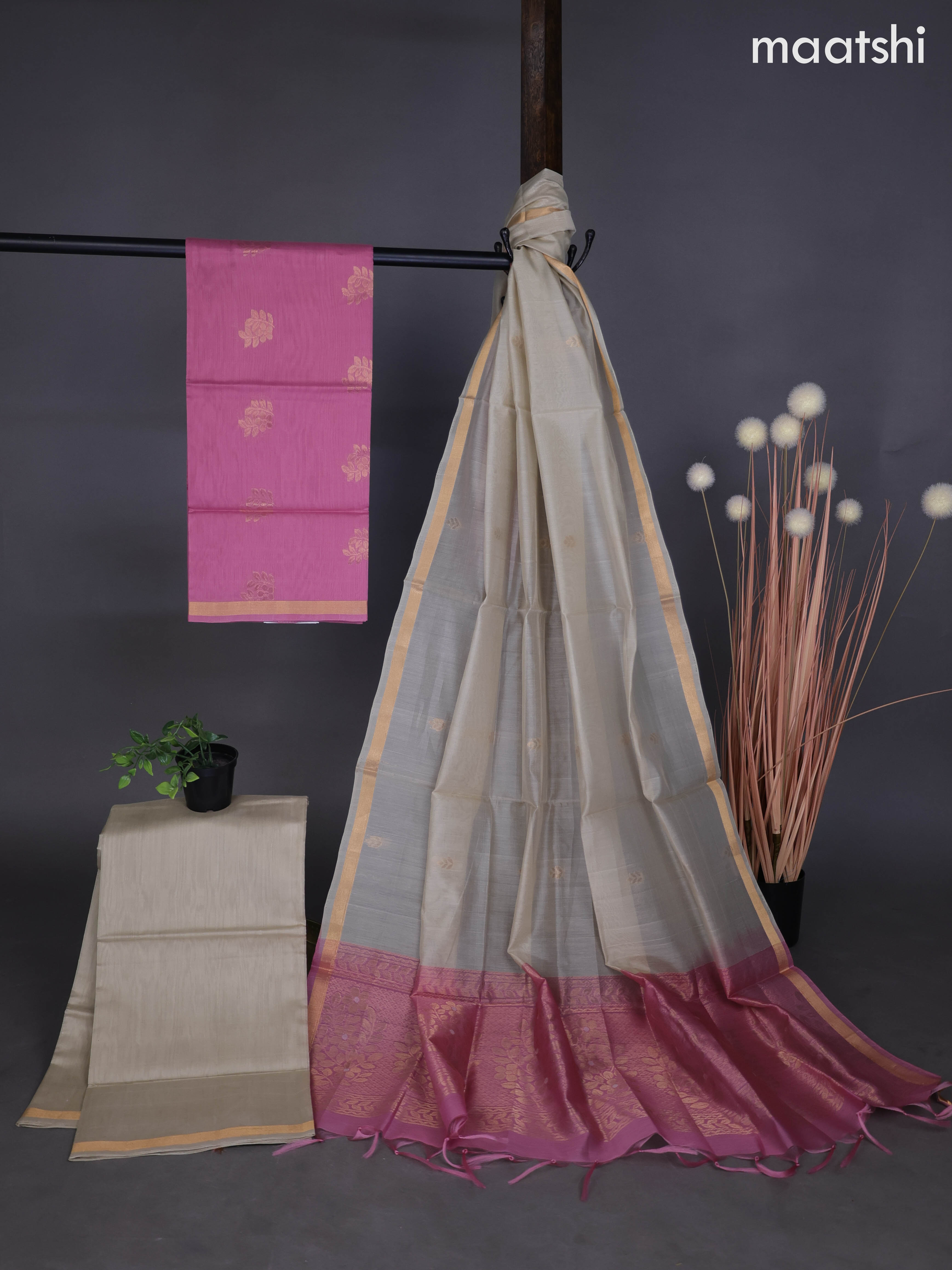 Silk cotton dress material pastel pink and beige with zari woven floral buttas and bottom & zari dupatta