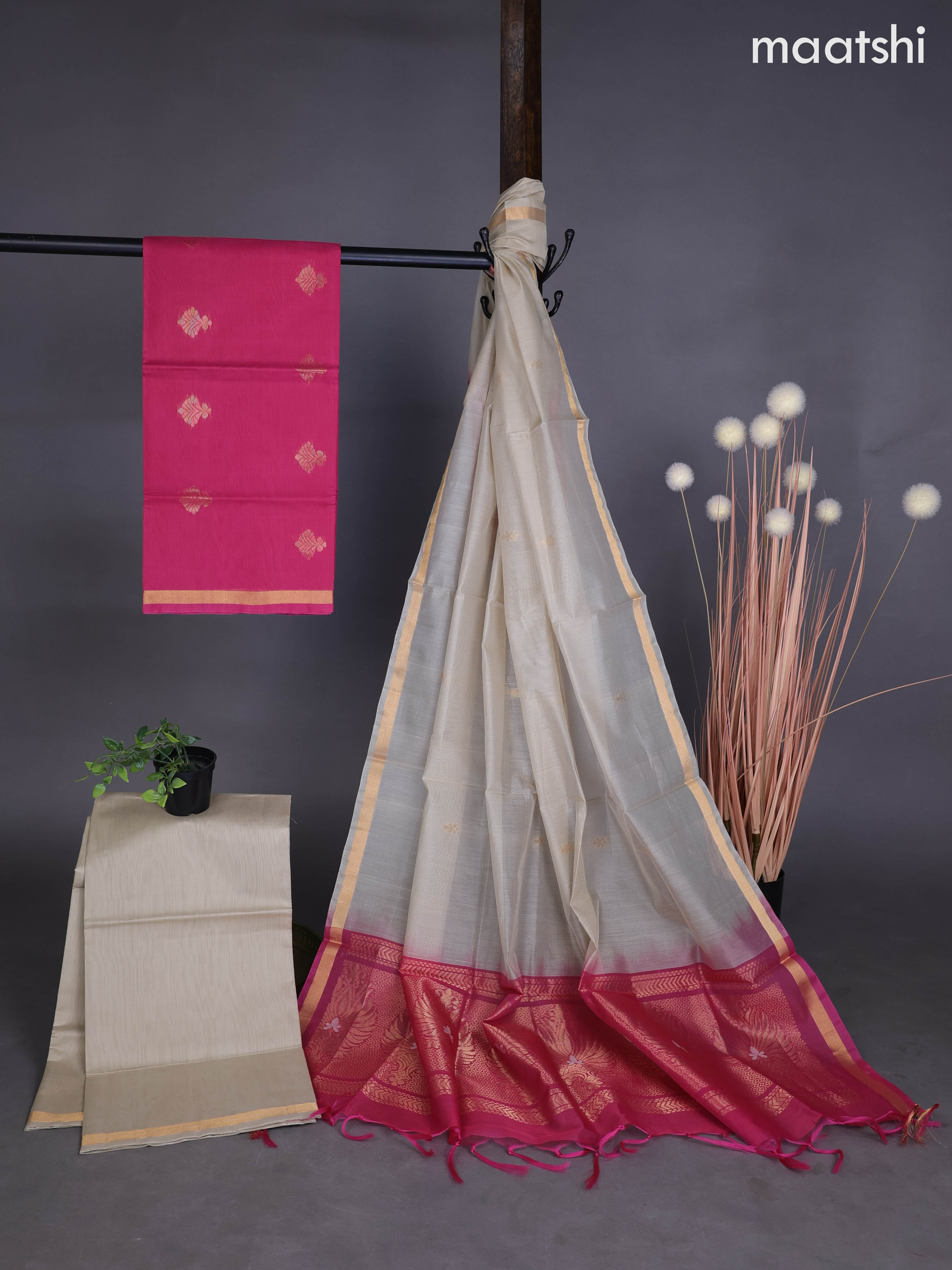 Silk cotton dress material pink and beige with zari woven buttas and bottom & zari dupatta