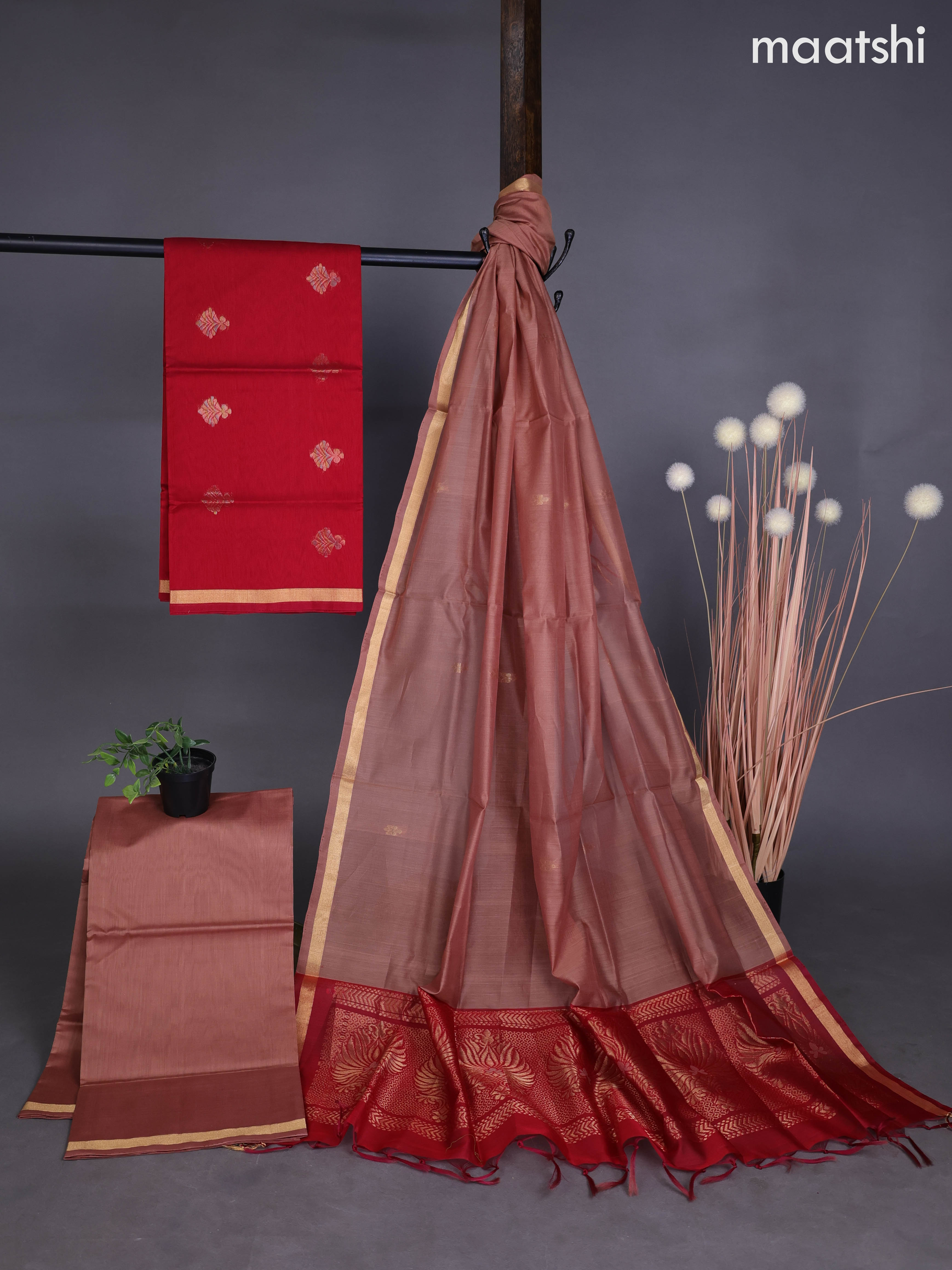 Silk cotton dress material maroon and pastel brown with zari woven buttas and bottom & zari dupatta