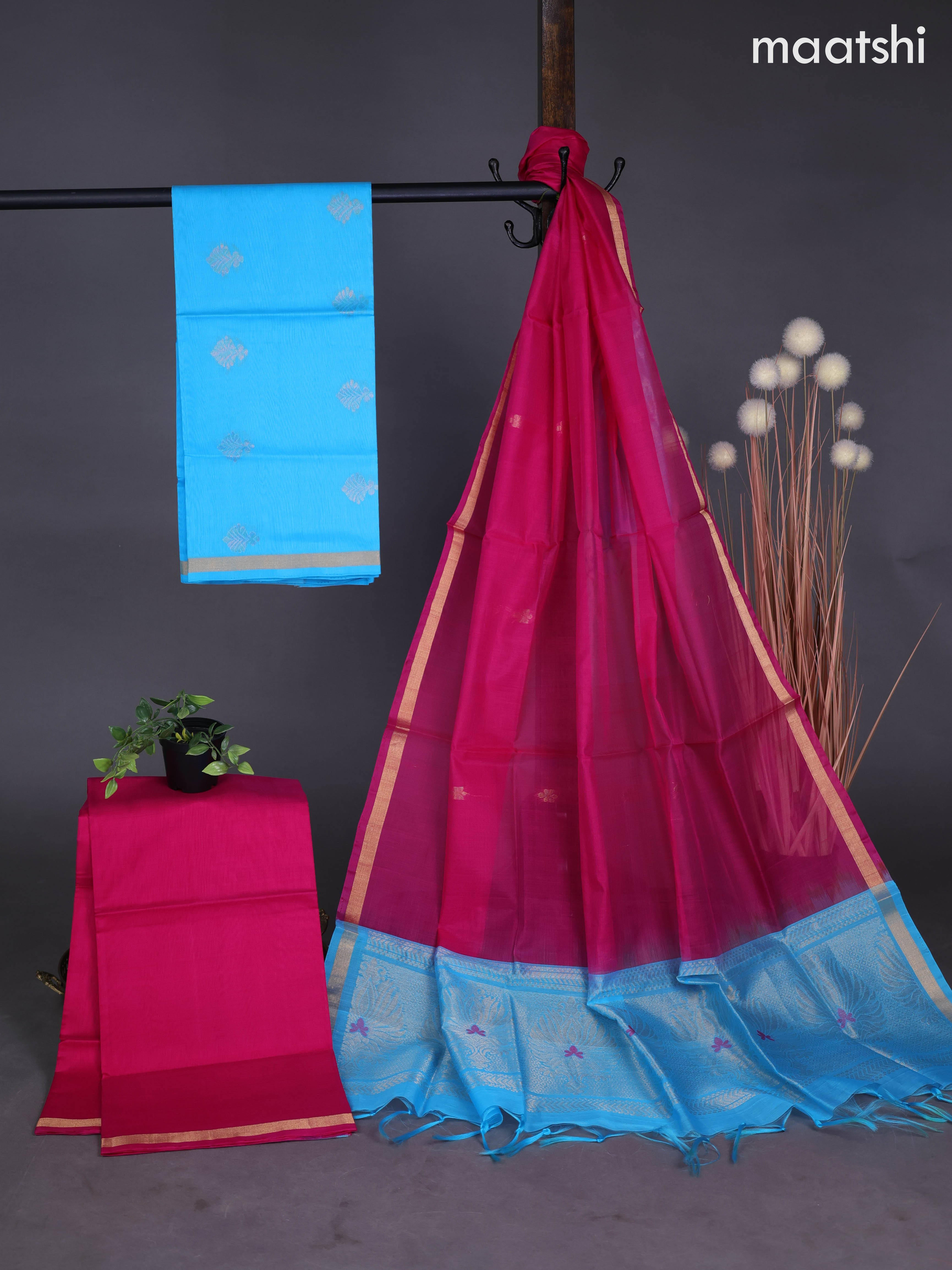 Silk cotton dress material light blue and pink with zari woven buttas and bottom & zari dupatta