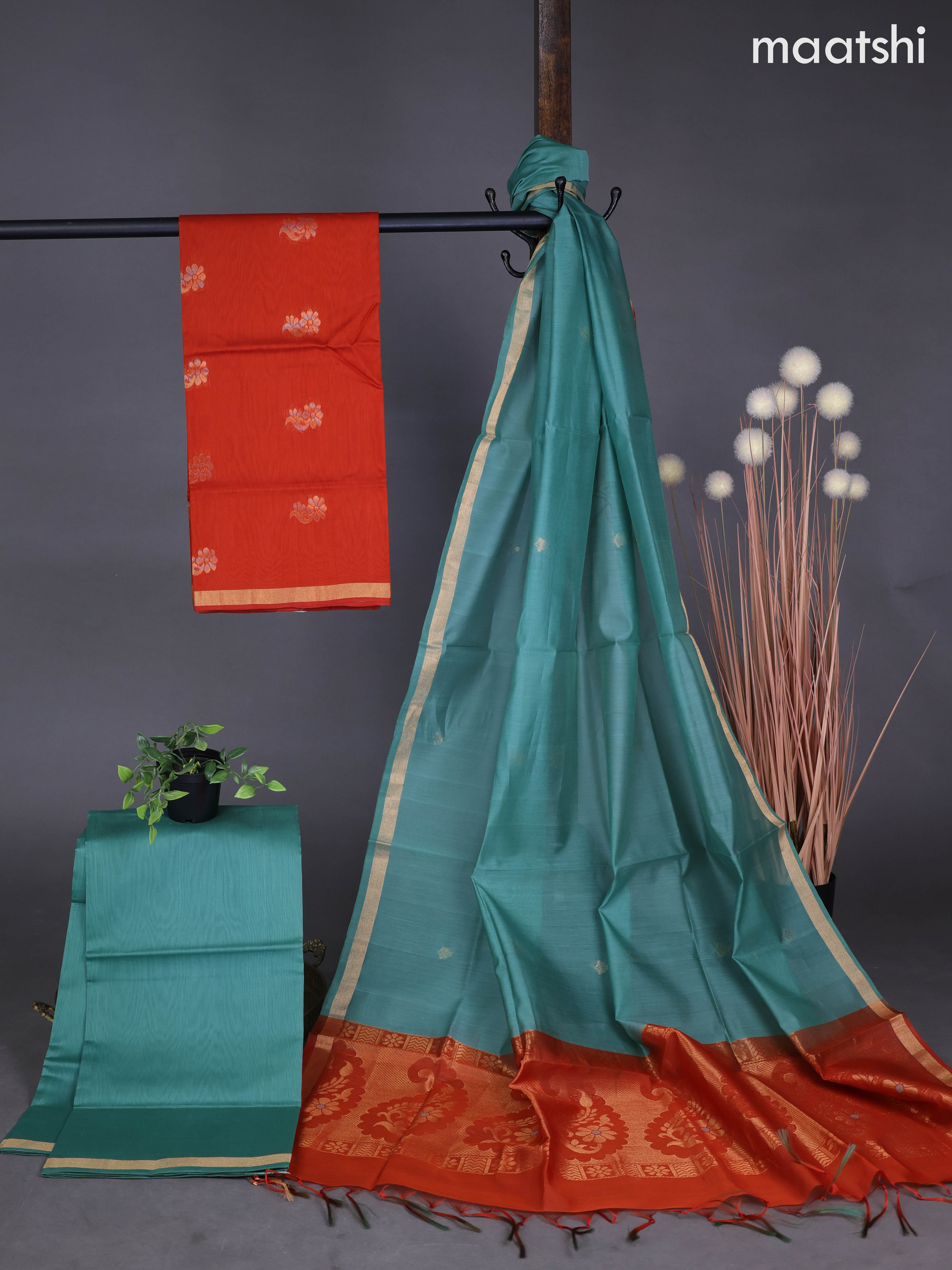 Silk cotton dress material rustic orange and pastel green shade with zari woven buttas and bottom & zari dupatta