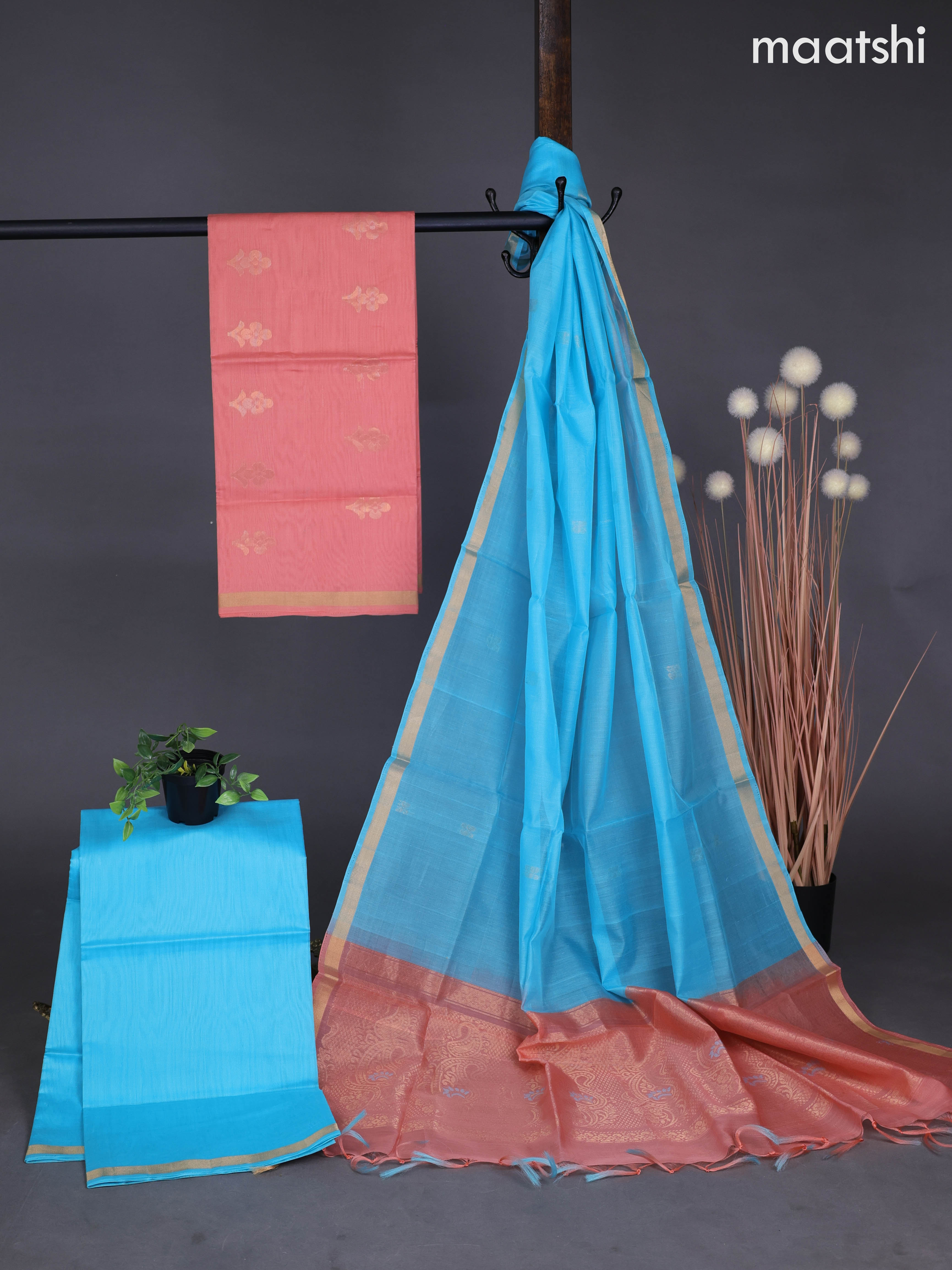 Silk cotton dress material peach shade and light blue with zari woven buttas and bottom & zari dupatta