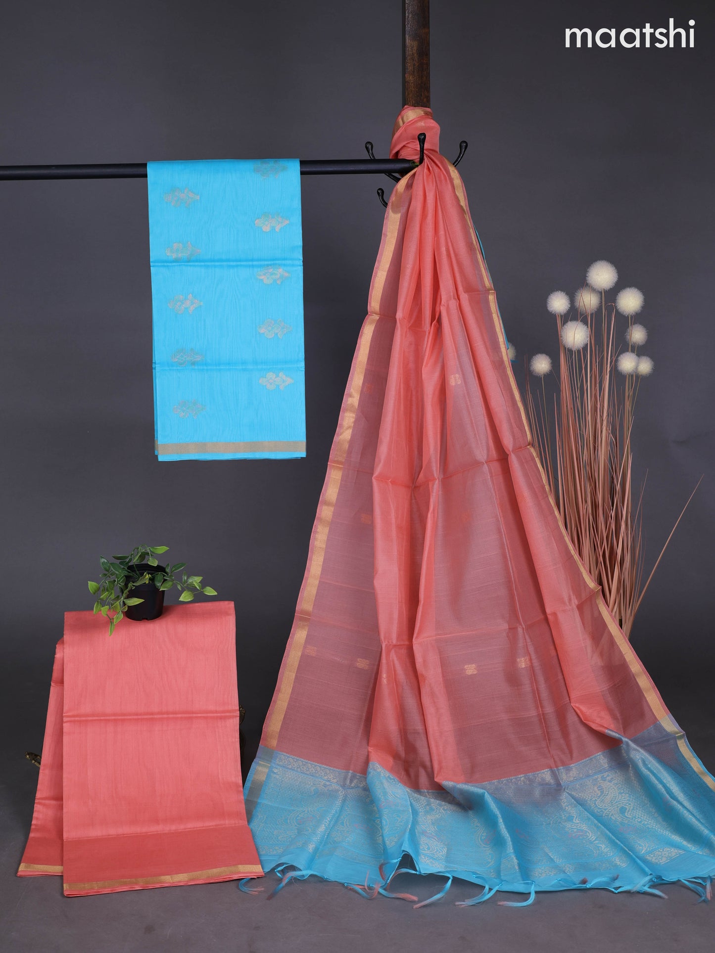 Silk cotton dress material light blue and peach shade with zari woven buttas and bottom & zari dupatta
