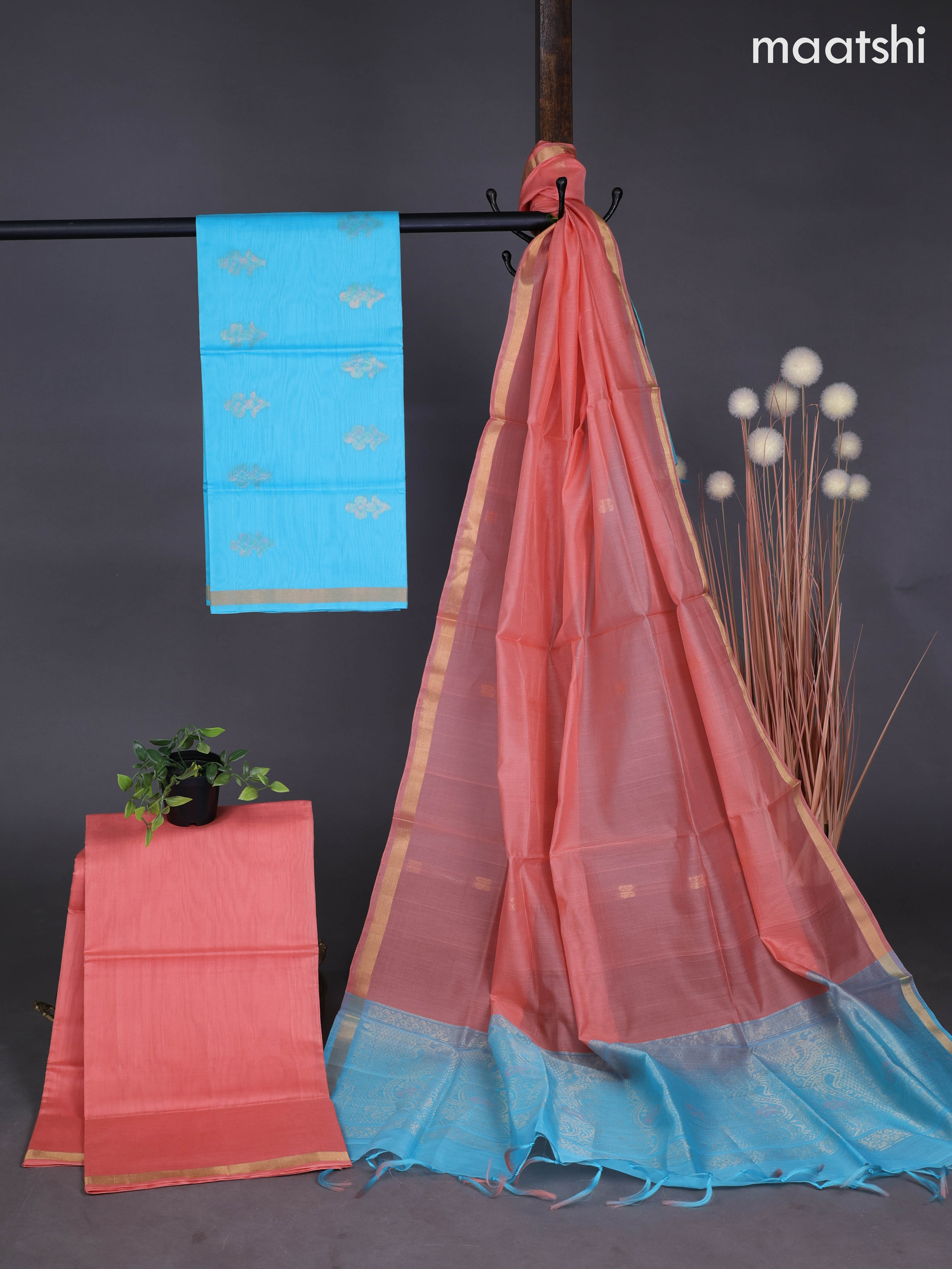 Silk cotton dress material light blue and peach shade with zari woven buttas and bottom & zari dupatta