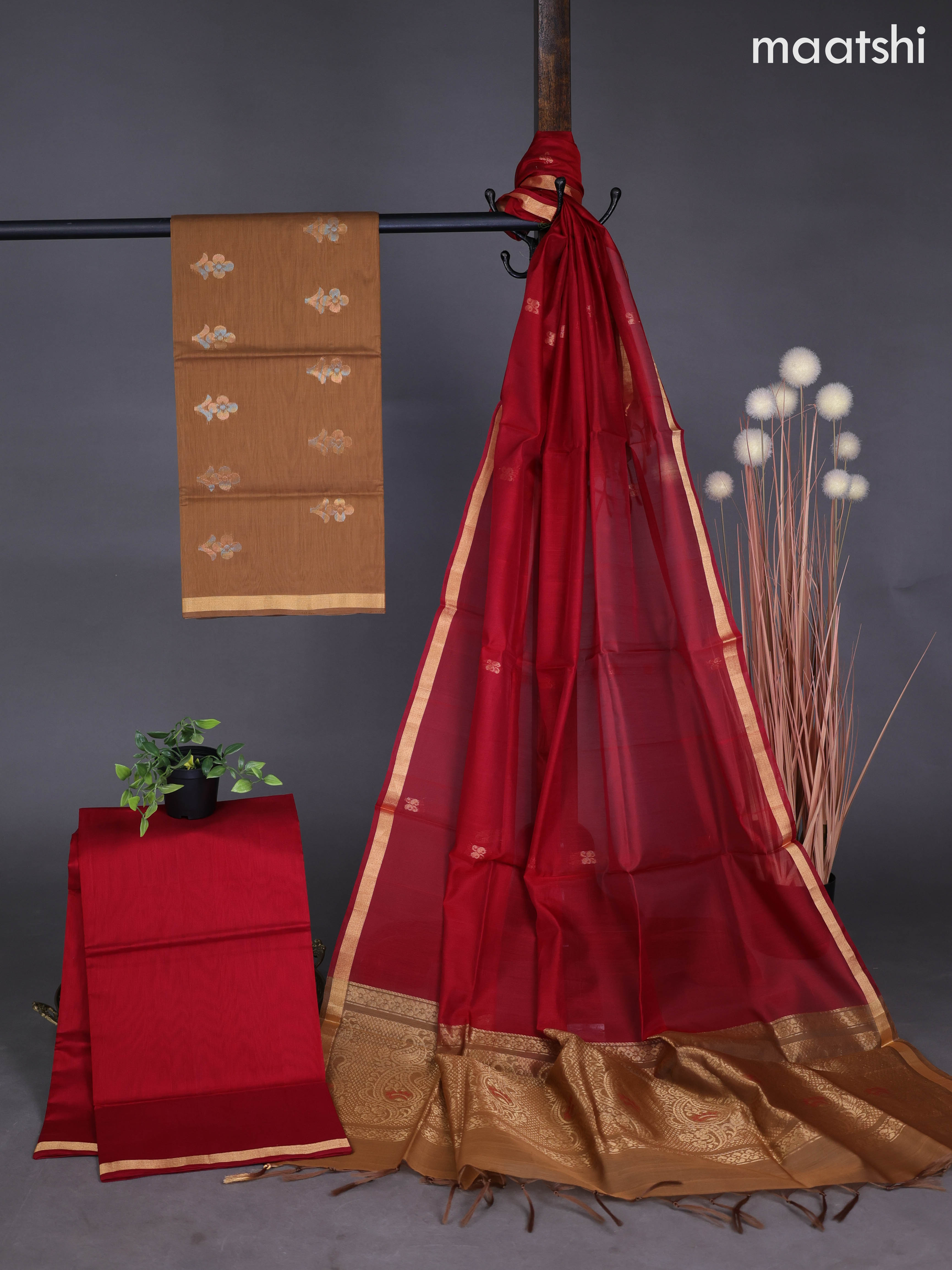 Silk cotton dress material dark sandal and maroon with zari woven buttas and bottom & zari dupatta