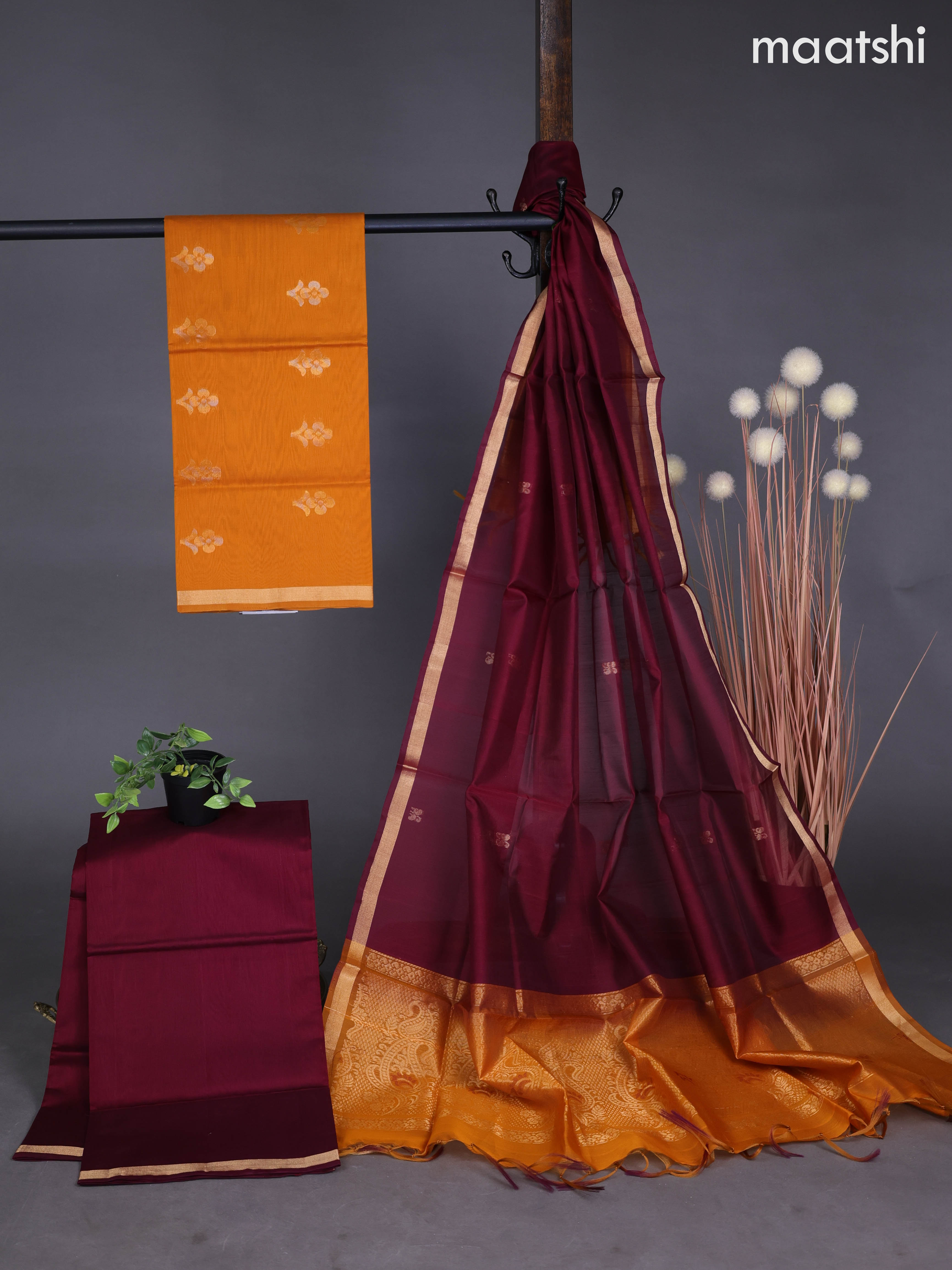 Silk cotton dress material mango yellow and maroon with zari woven buttas and bottom & zari dupatta
