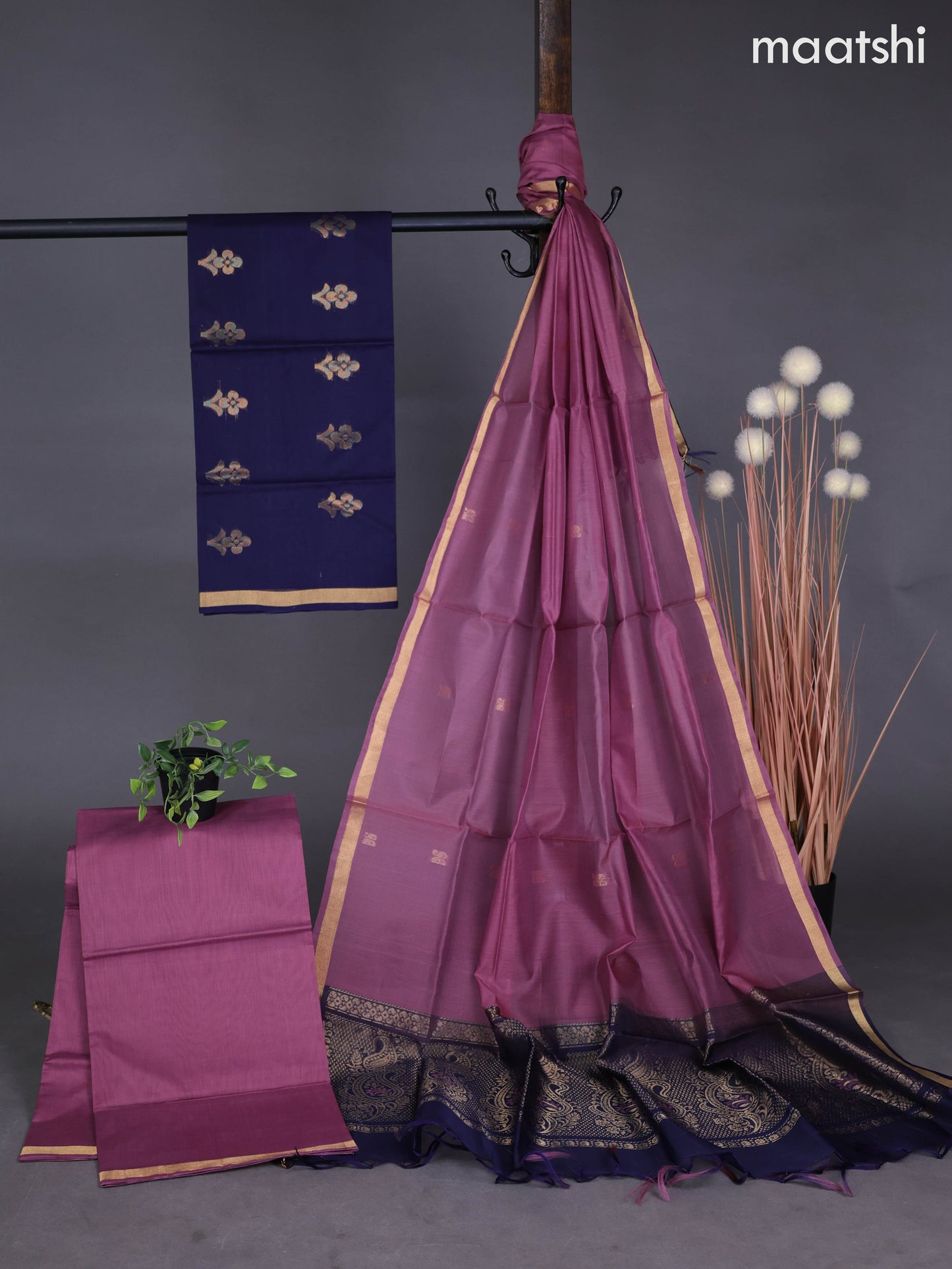 Silk cotton dress material deep navy blue and mauve pink with zari woven buttas and bottom & zari dupatta