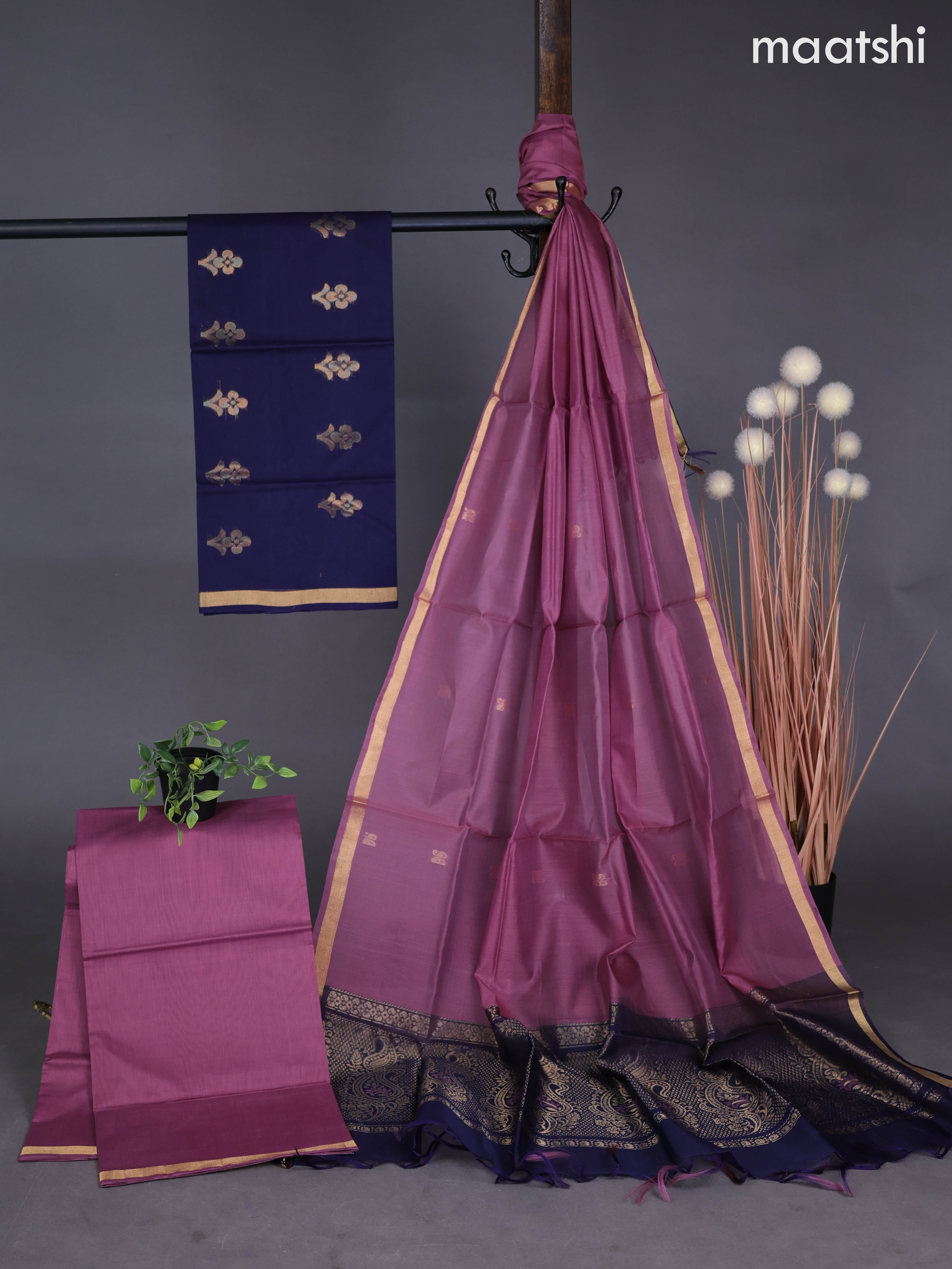 Silk cotton dress material deep navy blue and mauve pink with zari woven buttas and bottom & zari dupatta