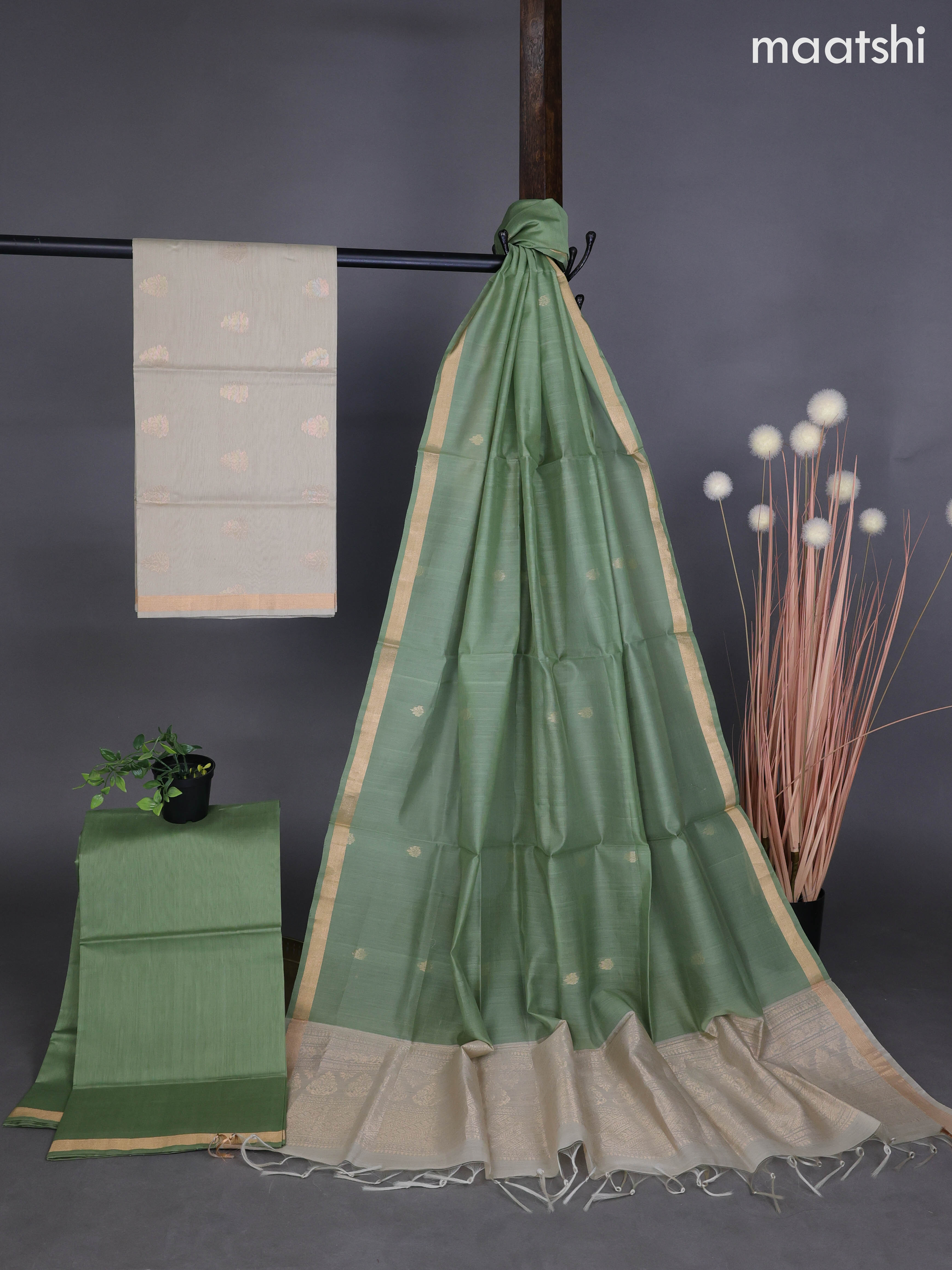 Silk cotton dress material beige and pastel green with zari woven buttas and bottom & zari dupatta