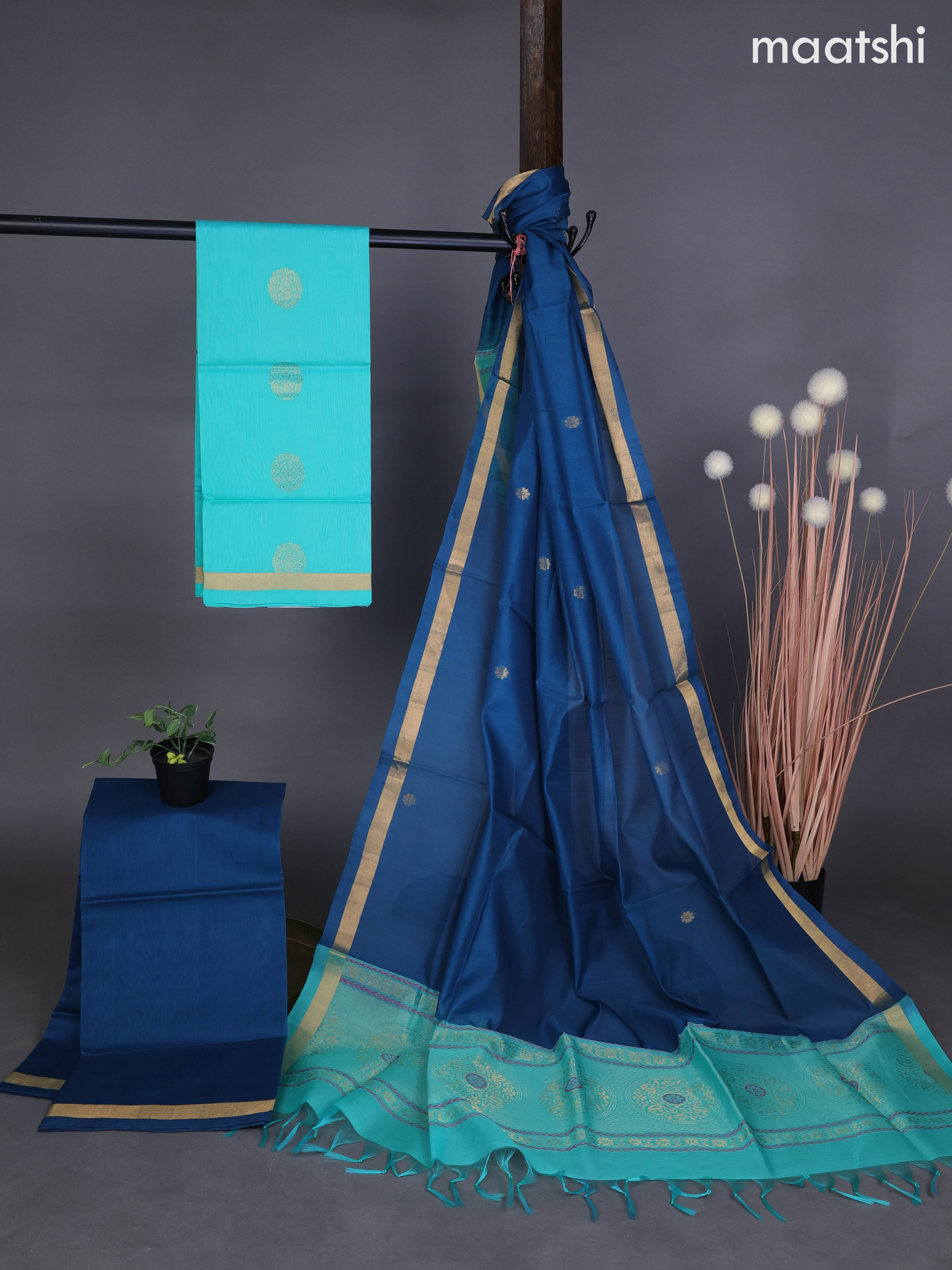 Silk cotton dress material teal shade and peacock blue with zari woven buttas and bottom & zari dupatta