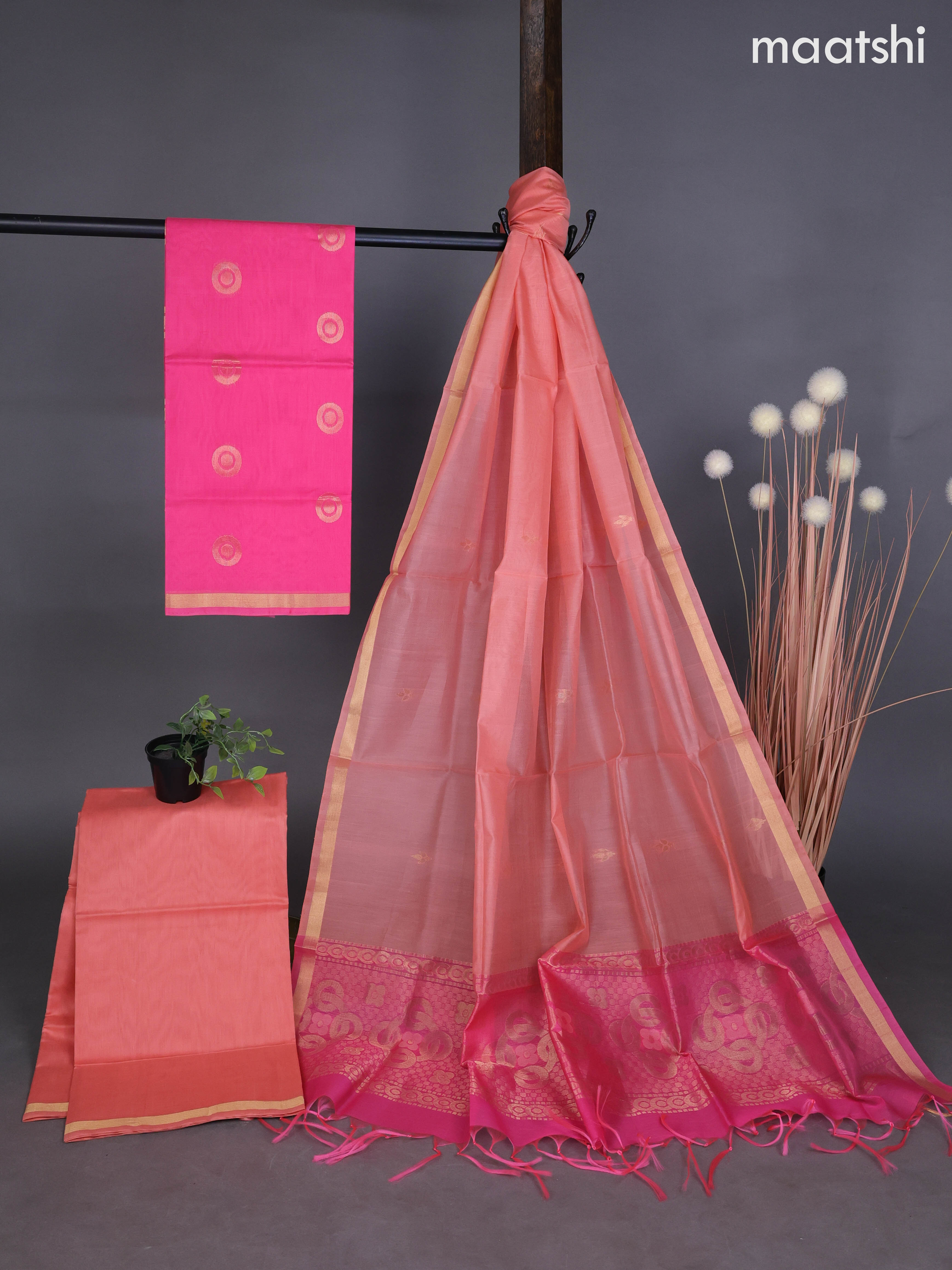 Silk cotton dress material candy pink and peach shade with zari woven buttas and bottom & zari dupatta