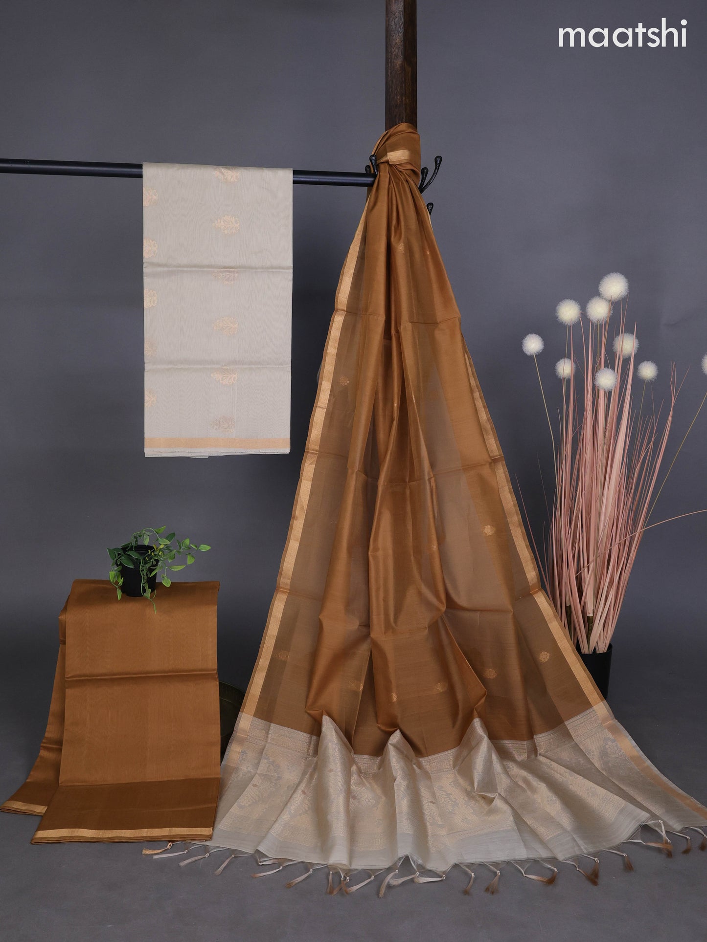 Silk cotton dress material beige and dark sandal with zari woven buttas and bottom & zari dupatta