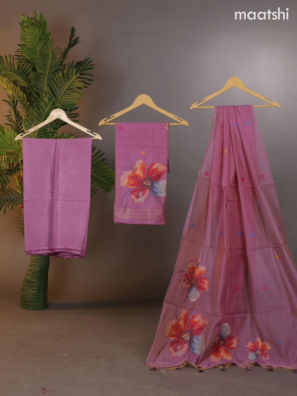 Munga cotton dress material mild purple with thread woven floral design weaves and bottom & thread woven dupatta
