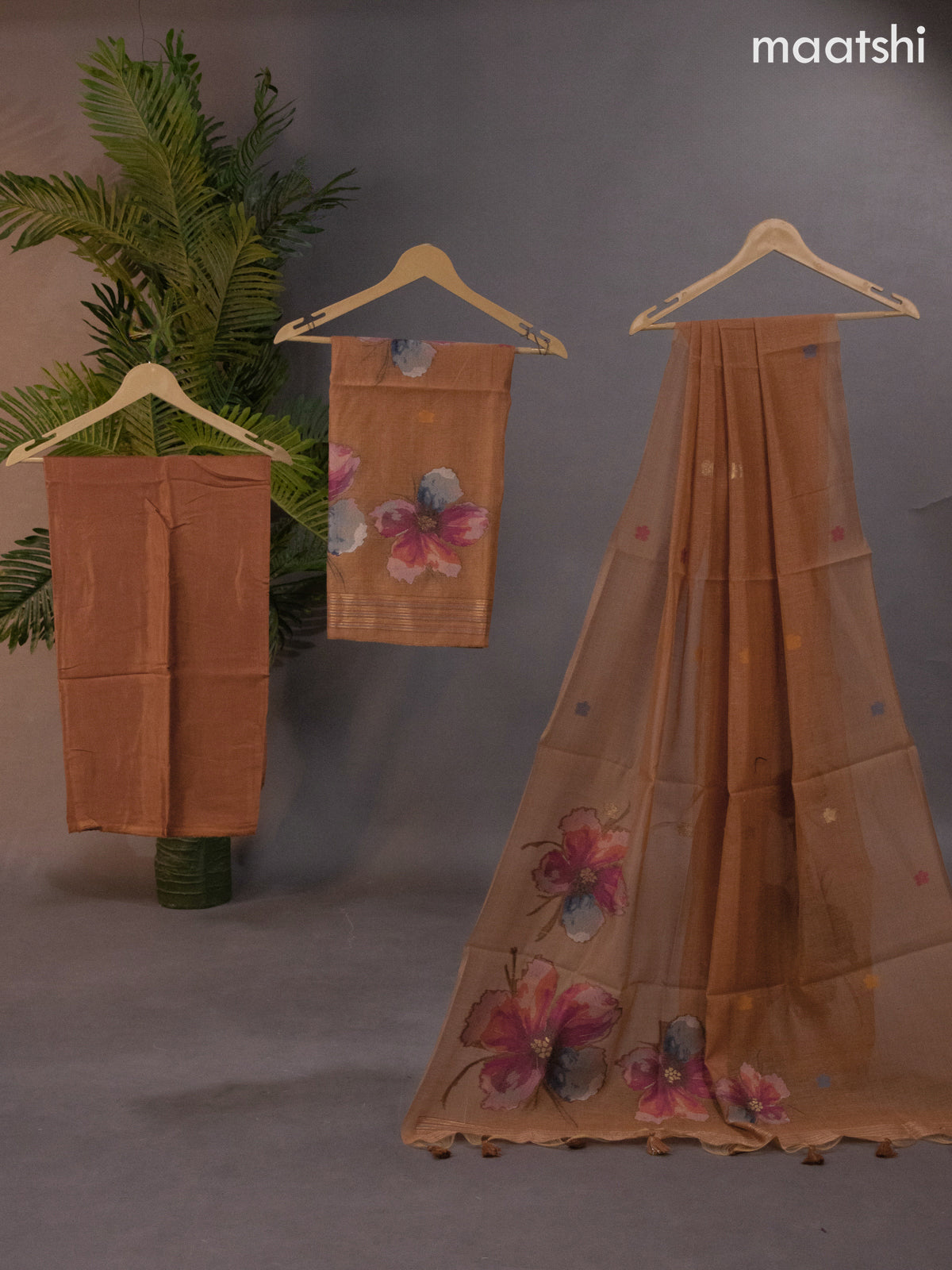 Munga cotton dress material dark mustard with thread woven floral design weaves and bottom & thread woven dupatta